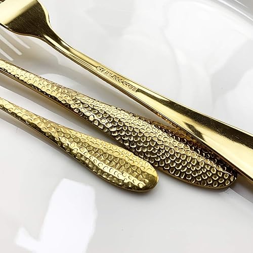 Miniatura 4 de JASHII Juego de cubiertos de 4 piezas de acero inoxidable dorado forjado con mango martillado, servicio para 1 pulido de espejo, apto para