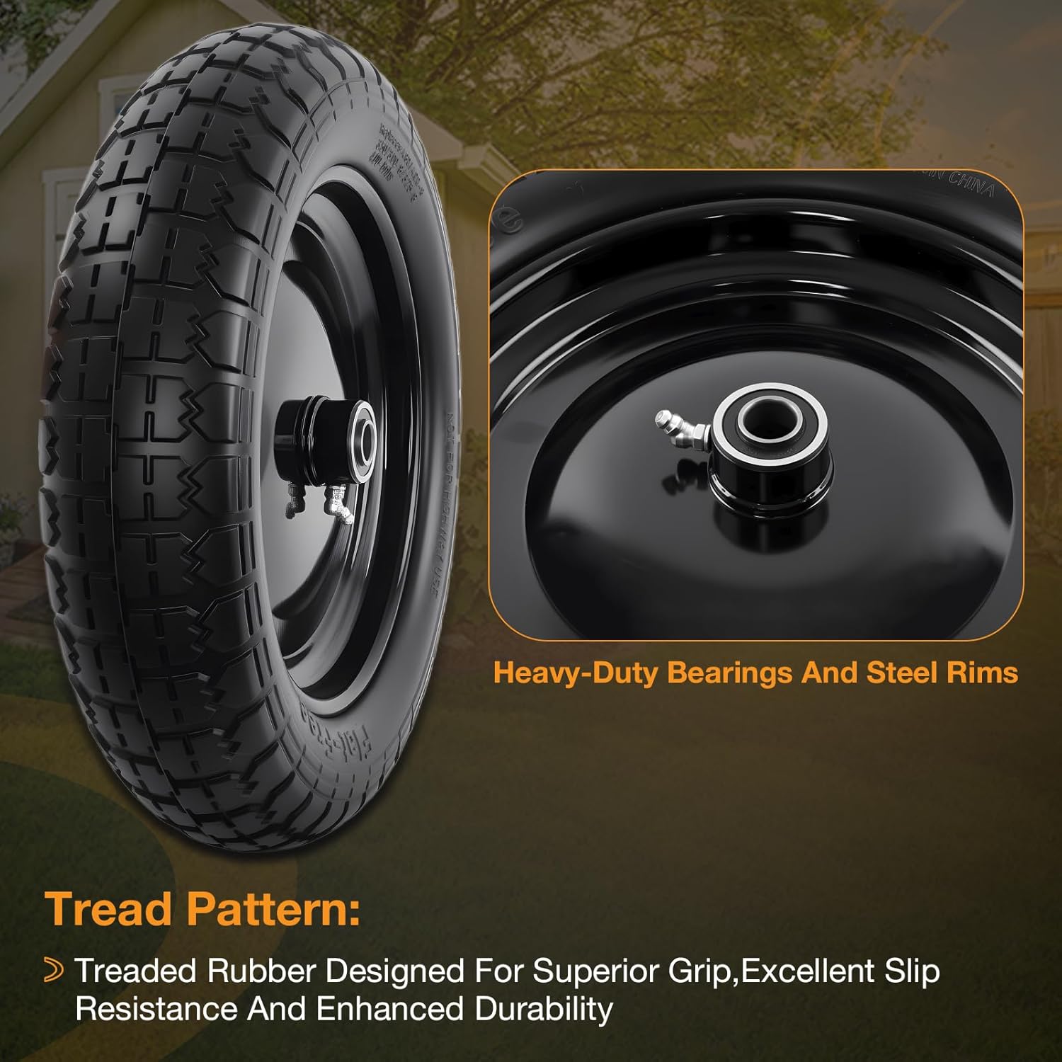 HQPASFY 14.5" Flat Free Tire 4.80/4.00-8 Wheelbarrow Tire and Wheel, 3" Centered Hub, 5/8" & 3/4" Bearings Replacement for Wheelbarrows, Garden Carts, Dump Carts, Lawn Equipment - Image 5