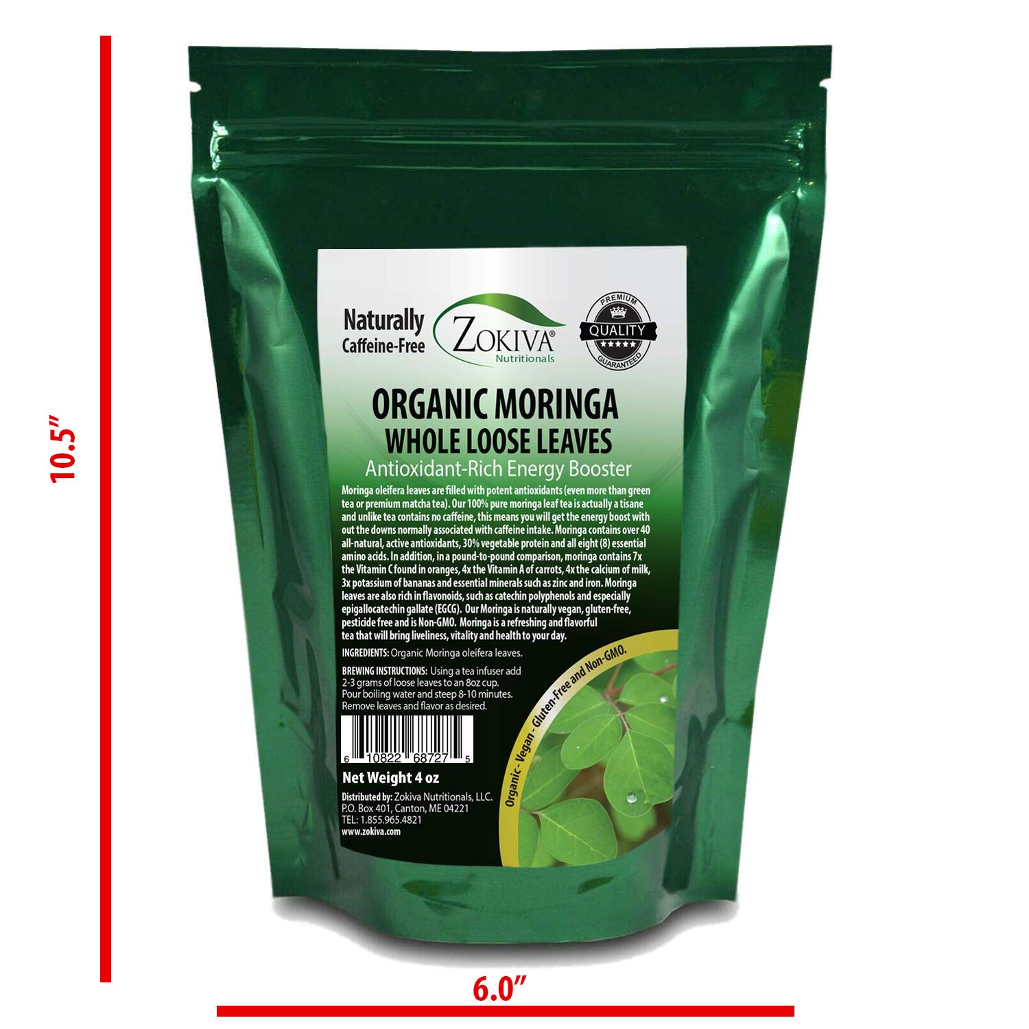 Zokiva Nutritionals - Moringa Leaves 4 oz x 3-Pack Organic Loose Dried Moringa Leaf Tea - Drumstick Leaves - A Natural Caffeine - Free Source for Vitamins, Minerals & Antioxidants - In Zip Lock Pouch
