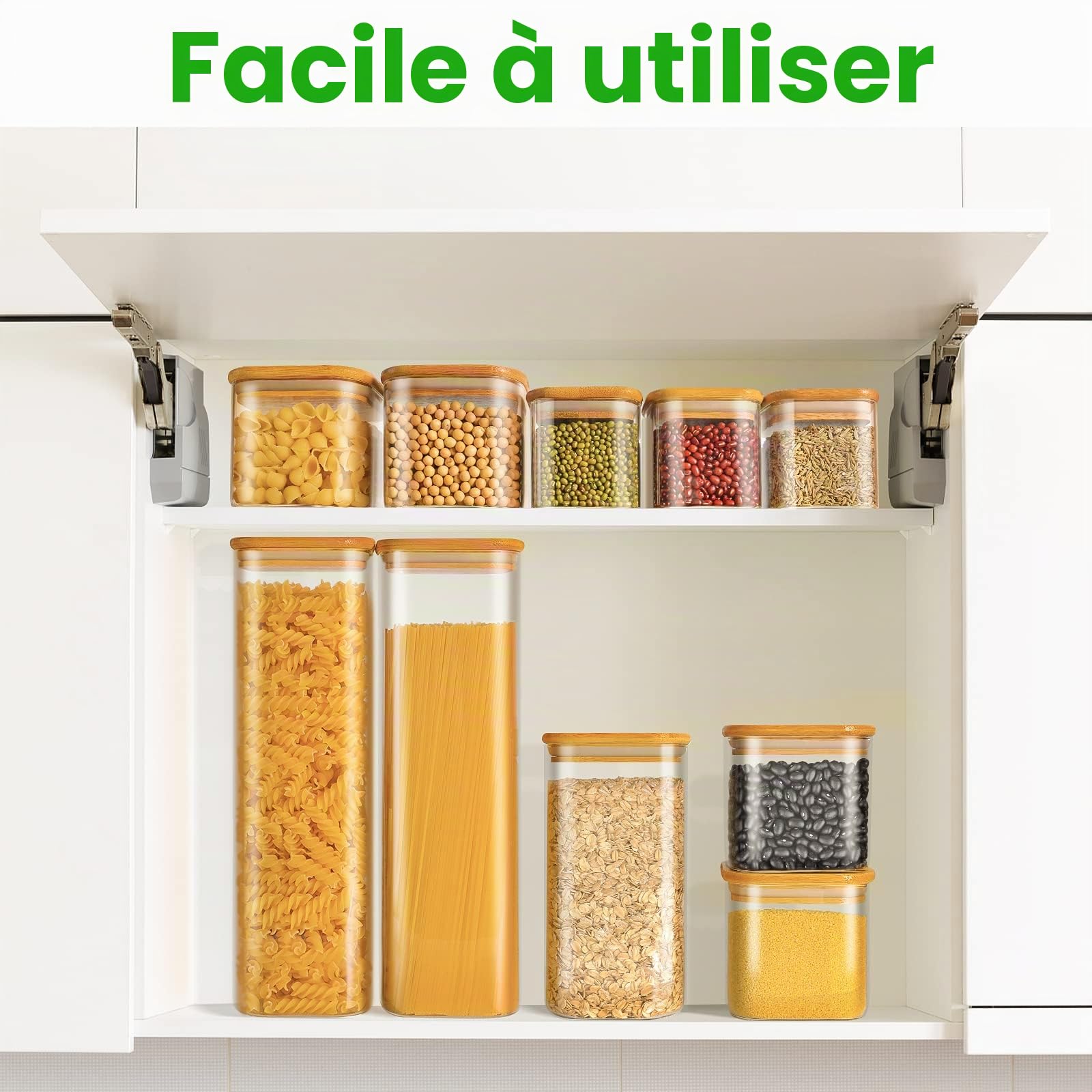 FINEW Lot de 10 boîtes de conservation en verre avec couvercle hermétiques - 2500 ml/1500 ml/750 ml/350 ml - Grand récipient en verre - Pour spaghetti, céréales, farine, épices