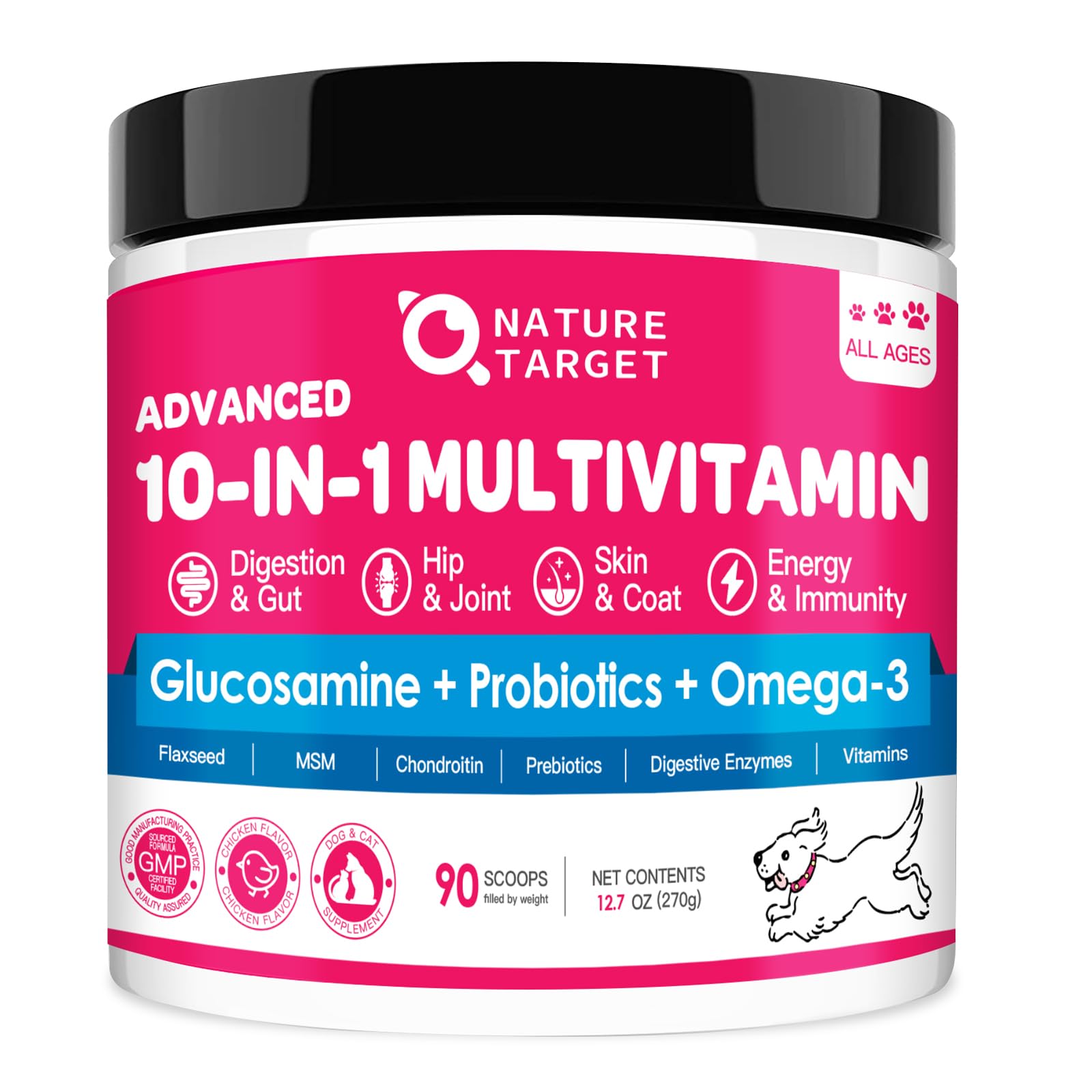 NATURE TARGET Dog Vitamins Powder, Probiotics & Digestive Enzymes for Gut Health, Glucosamine & Chondroitin & Omega 3, Complete Supplement for Homemade Dog Food, Joint & Skin & Immune Support