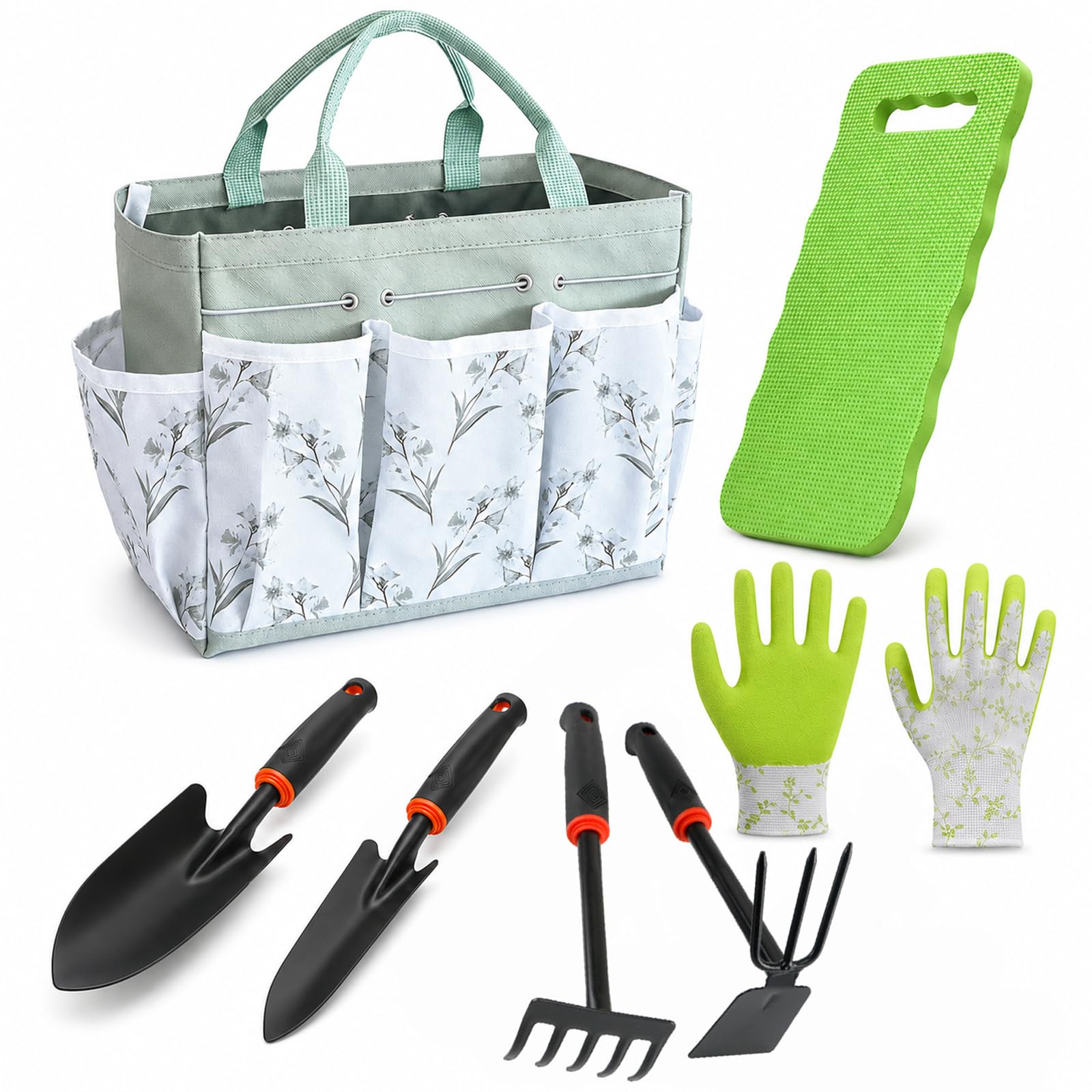 Garden Tool Sets 7Pcs Heavy Duty Gardening Tools Stainless Steel Gardening Tool With shovel Rake Non-Slip Rubber Handle, Gloves Bag Thick Kneeling Pad Gardening Gifts for Women Men Gardeners