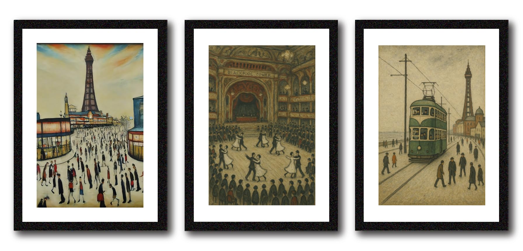 Greetingles Set of 3 Lowry Style Black Framed Art Prints 33 x 24cm New Designs (Set 12)
