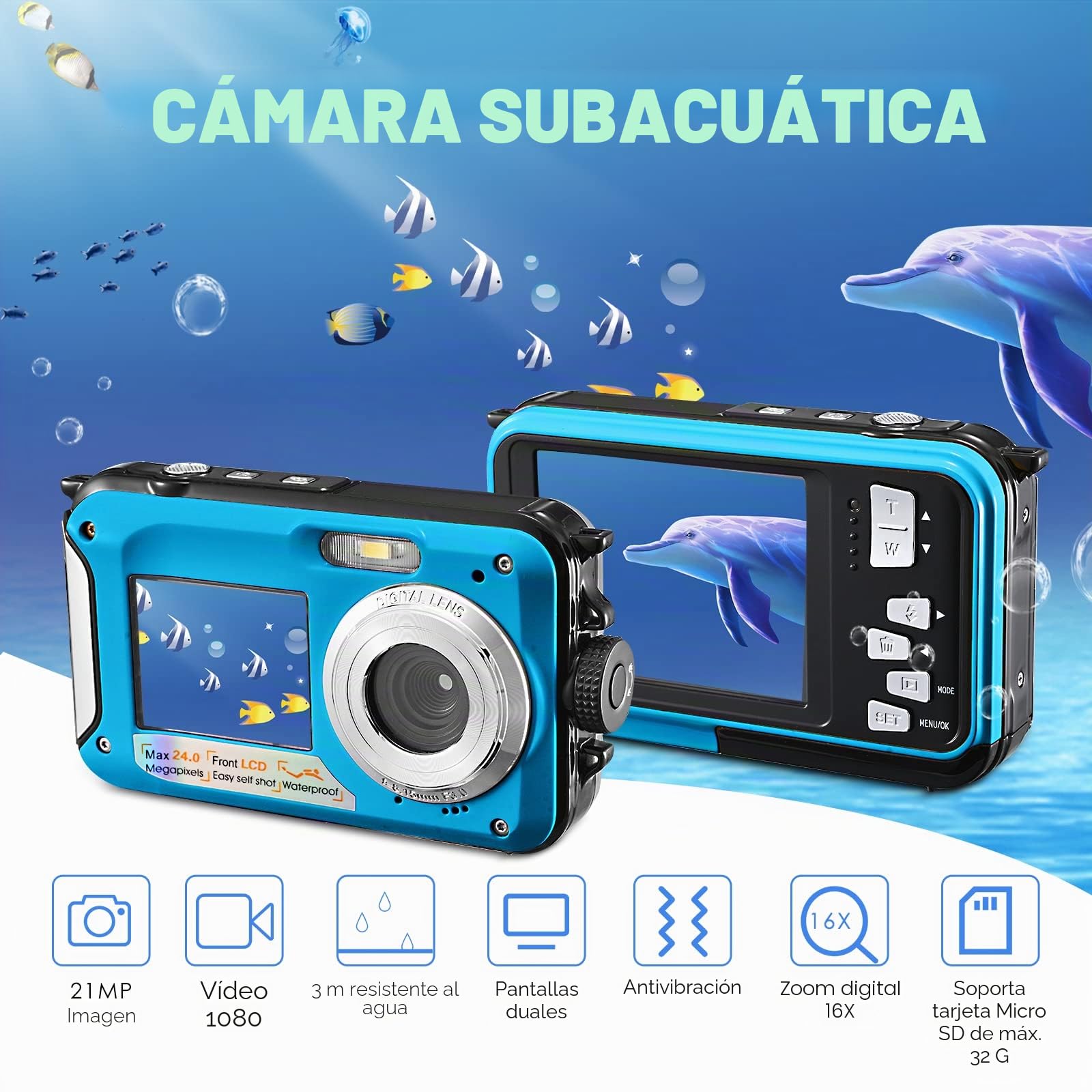 Cámara de Fotos Impermeable Digital Full HD 2,7 K 24 MP cámara subacuática Zoom Digital 16 x cámara Impermeable con Doble Pantalla para Adolescentes y Estudiantes Principiantes