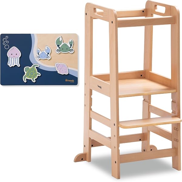hauck Learn N Explore Natural inkl. Puzzle N Fit – Mitwachsender Kinder Lernturm aus Buchenholz, ab 1 Jahre bis 40 kg, höhenverstellbares Fußbrett - Natural - 1