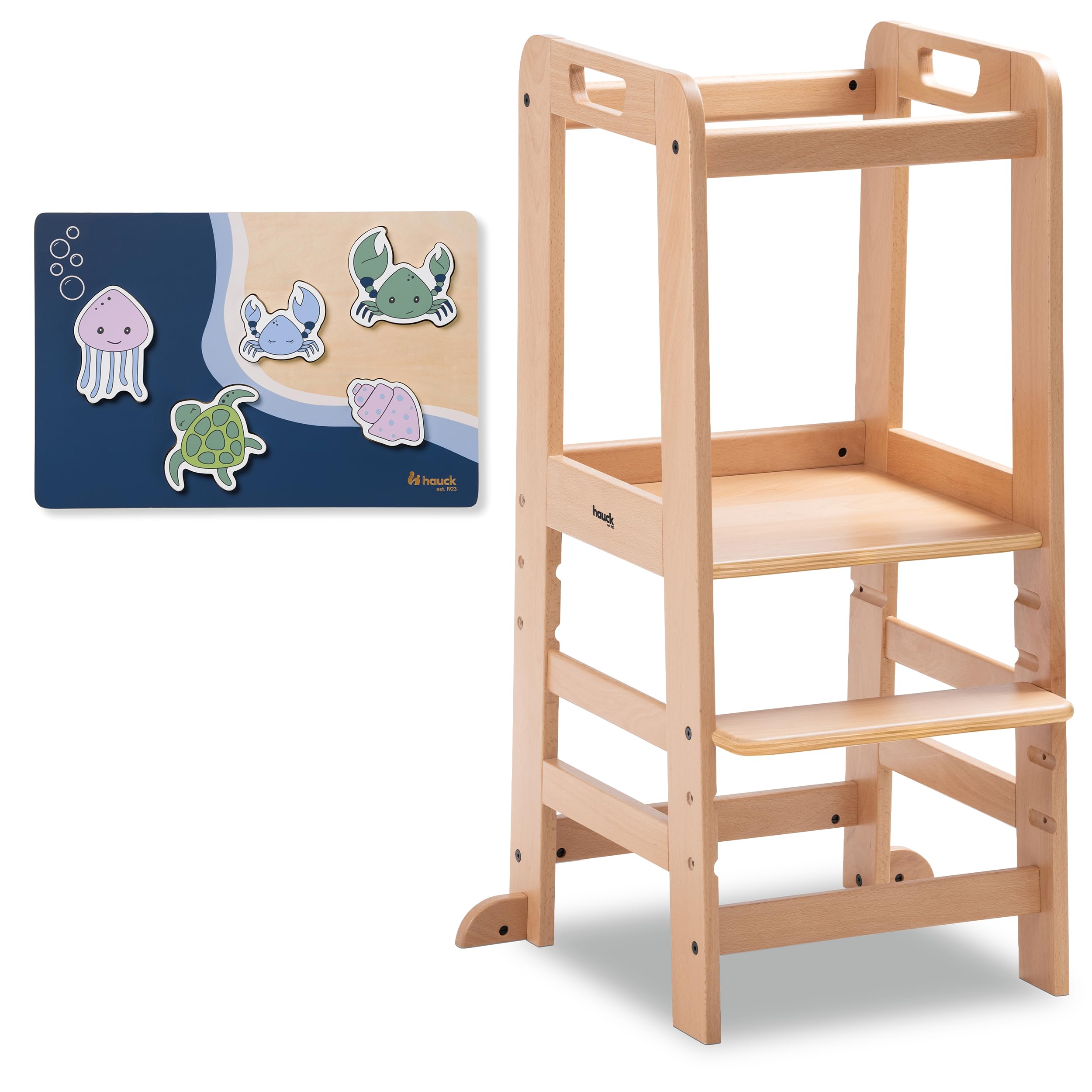 hauck Learn N Explore Natural Lernturm inkl. Puzzle N Fit - Natural | Mitwachsender Kinder Lernturm aus Buchenholz, ab 1 Jahre bis 40 kg, höhenverstellbares Fußbrett