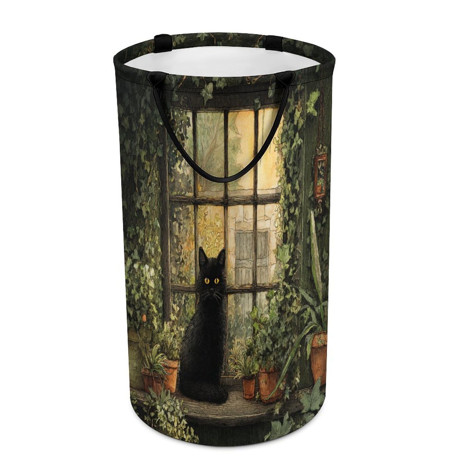 LUYYSKY Rustic Watercolor Black Cat Collapsible Dirty Clothes Basket, Colorful Classic Botanical Cottage Animal Kitten Floral Portable Clothes Storage Basket