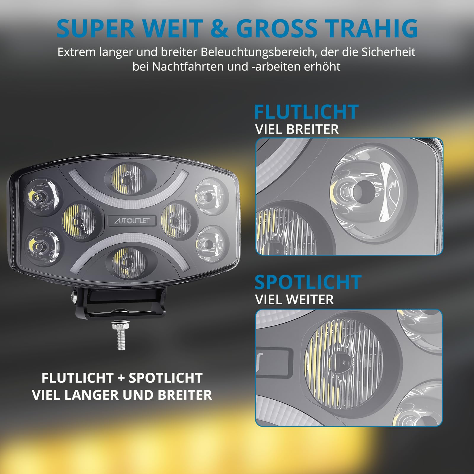 AUTOUTLET LED Arbeitsscheinwerfer, 10" LED Fernscheinwerfer 10-48V, 120W 12000LM Zusatzscheinwerfer ECE Zulassung IP67 Wasserdicht, Weiß Amber Tagesfahrlicht Offroad Scheinwerfer für Traktor LKW SUV
