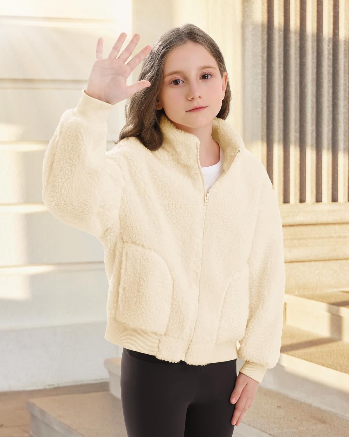 Stelle Girls Sherpa Jacket Fall Fleece Coat Full Zip Winter Fuzzy Outerwear with Pockets for 4-15 Years - Image 6