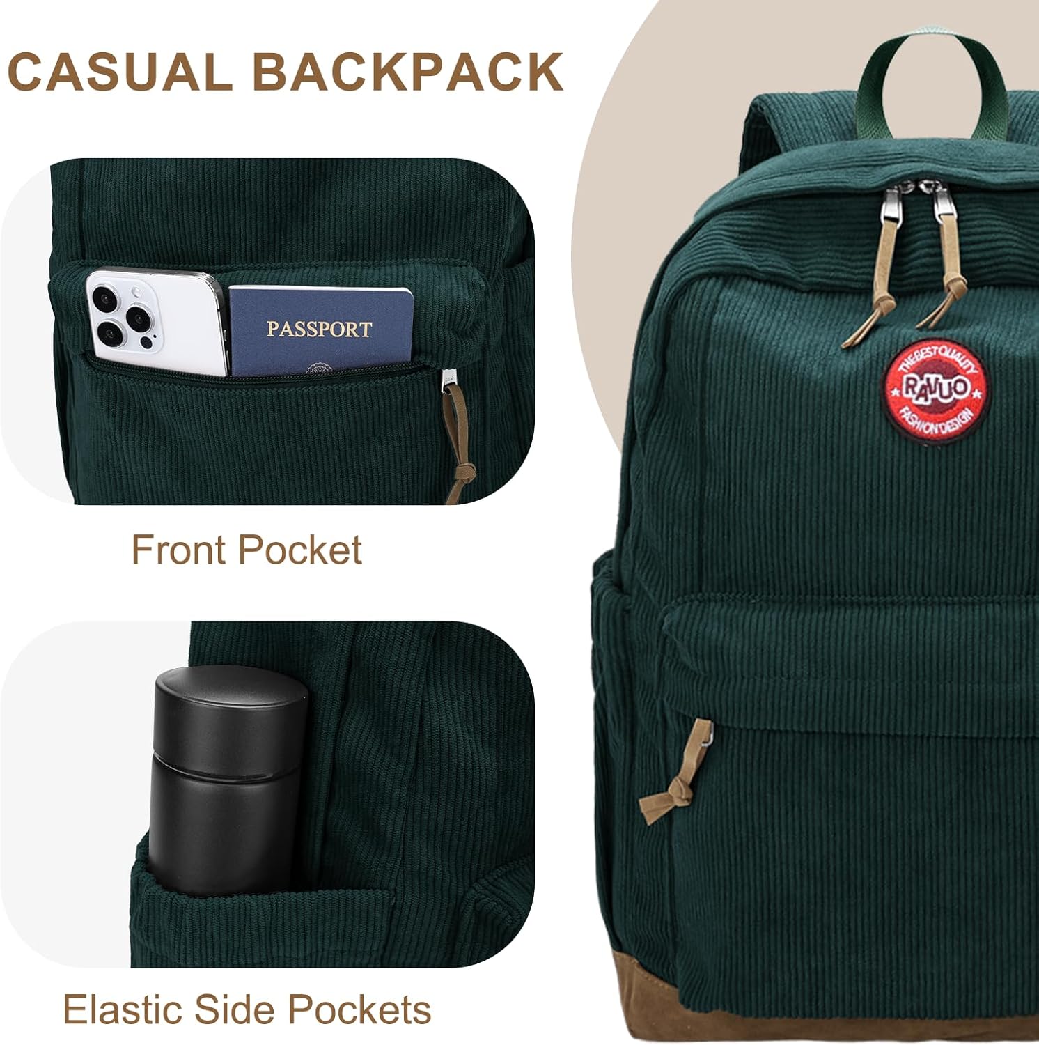 Aesthetic Corduroy Backpack Bookbag for Women Men, Vintage School Daypack with Laptop Compartment, Casual Travel Bag for College Student & Teen Girls Green - Image 4