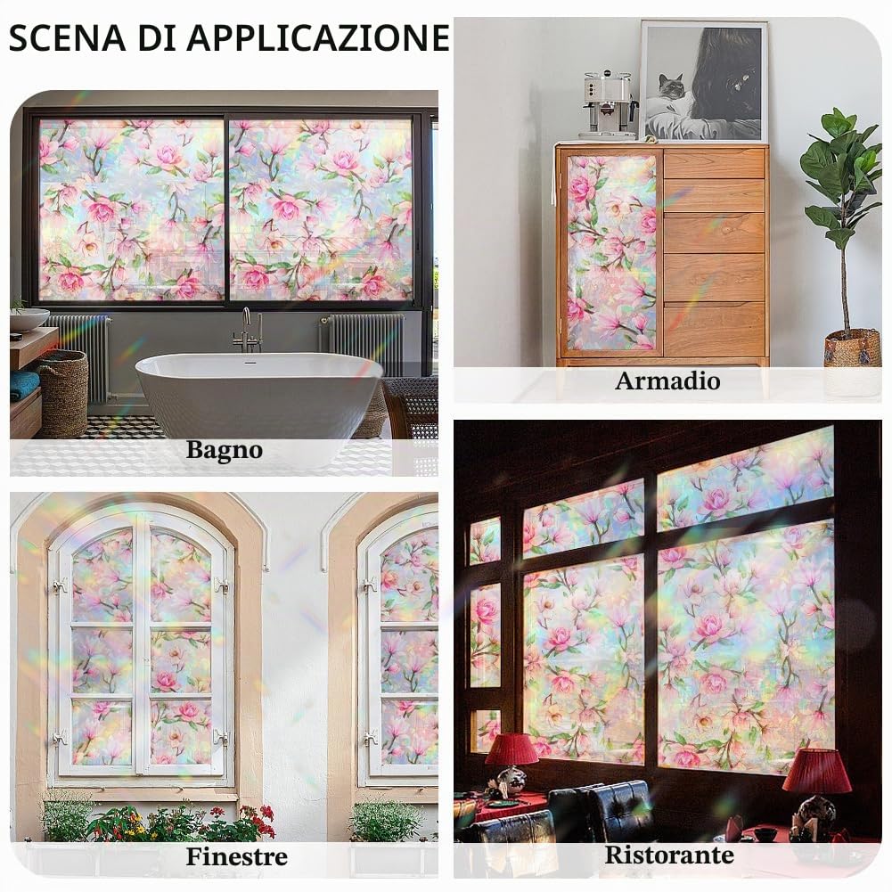 GORGECRAFT Pellicola per La Privacy delle Finestre Arcobaleno da 100x43cm Decorativa 3D Statica Resistente Ai Raggi UV Adesiva con Fiori Rosa Riflettente UV Non Adesiva Anti-Sole per Finestre