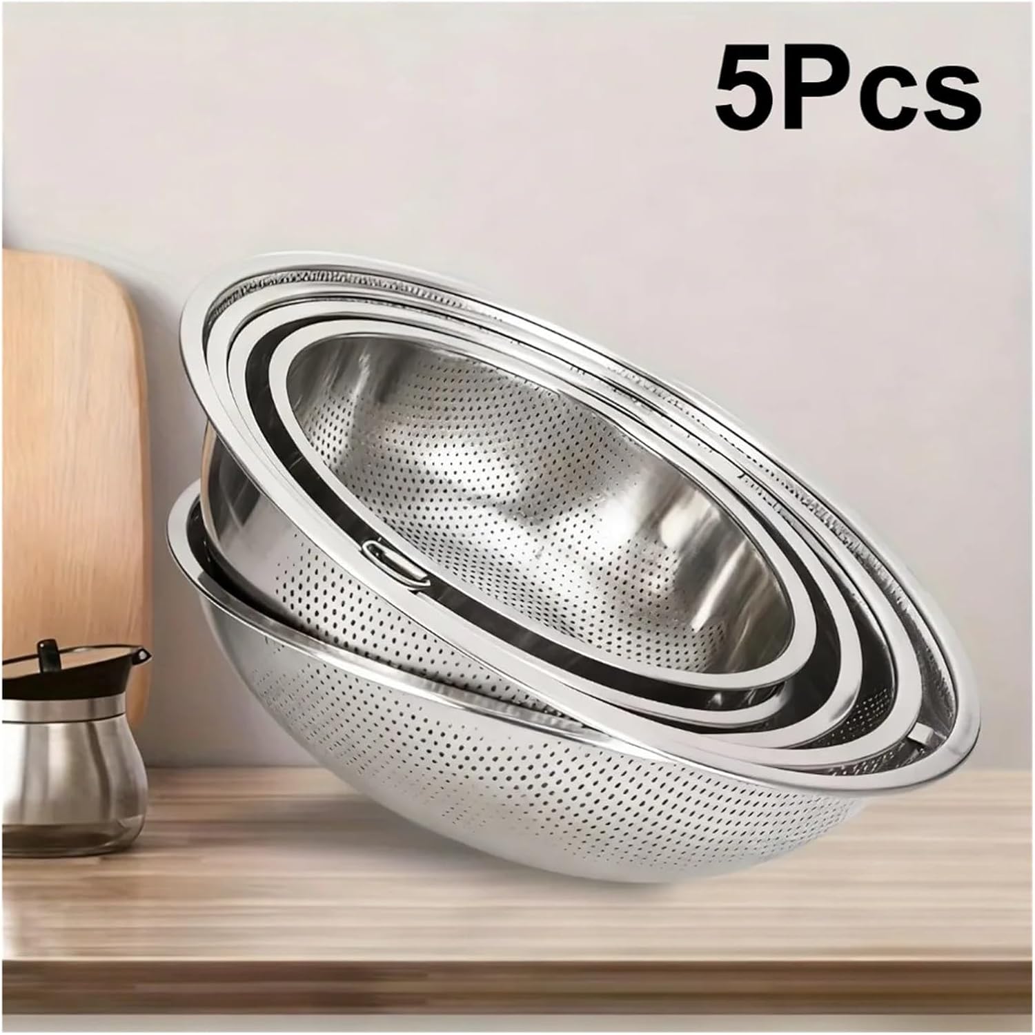Fit for 5pcs Stainless Steel Kitchen Colander Set - Strainer Sieve Baskets for Cooking and Food Preparation