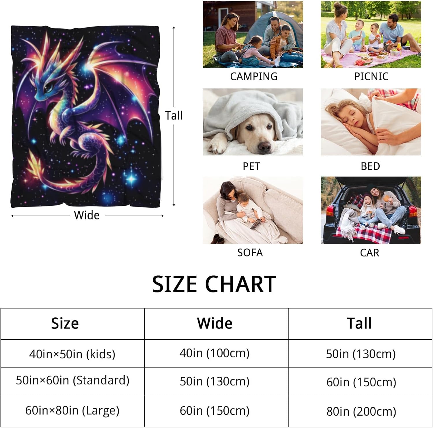 GNEW Cute Galaxy Dragon Throw Blanket, Kawaii Dragon Gifts for Kids, Sparkle Galaxy Starry Stars Animal Print Blanket, Blue Purple Pink Black, 50"x40" - Image 3