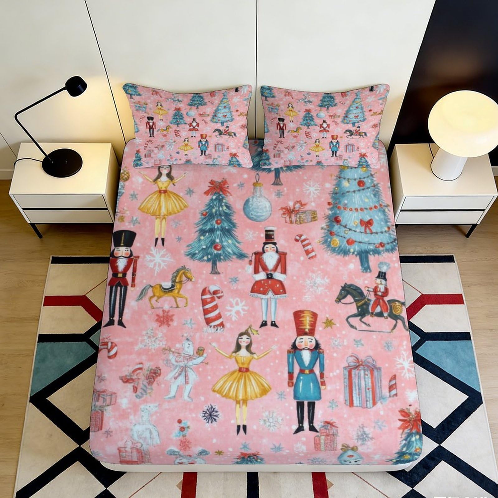 3D Printed Nutcracker Ballet Christmas Fitted Sheet Microfiber Pink Bed Cover Bedroom Guest Room Decor 120x200cm 200x200x25cm