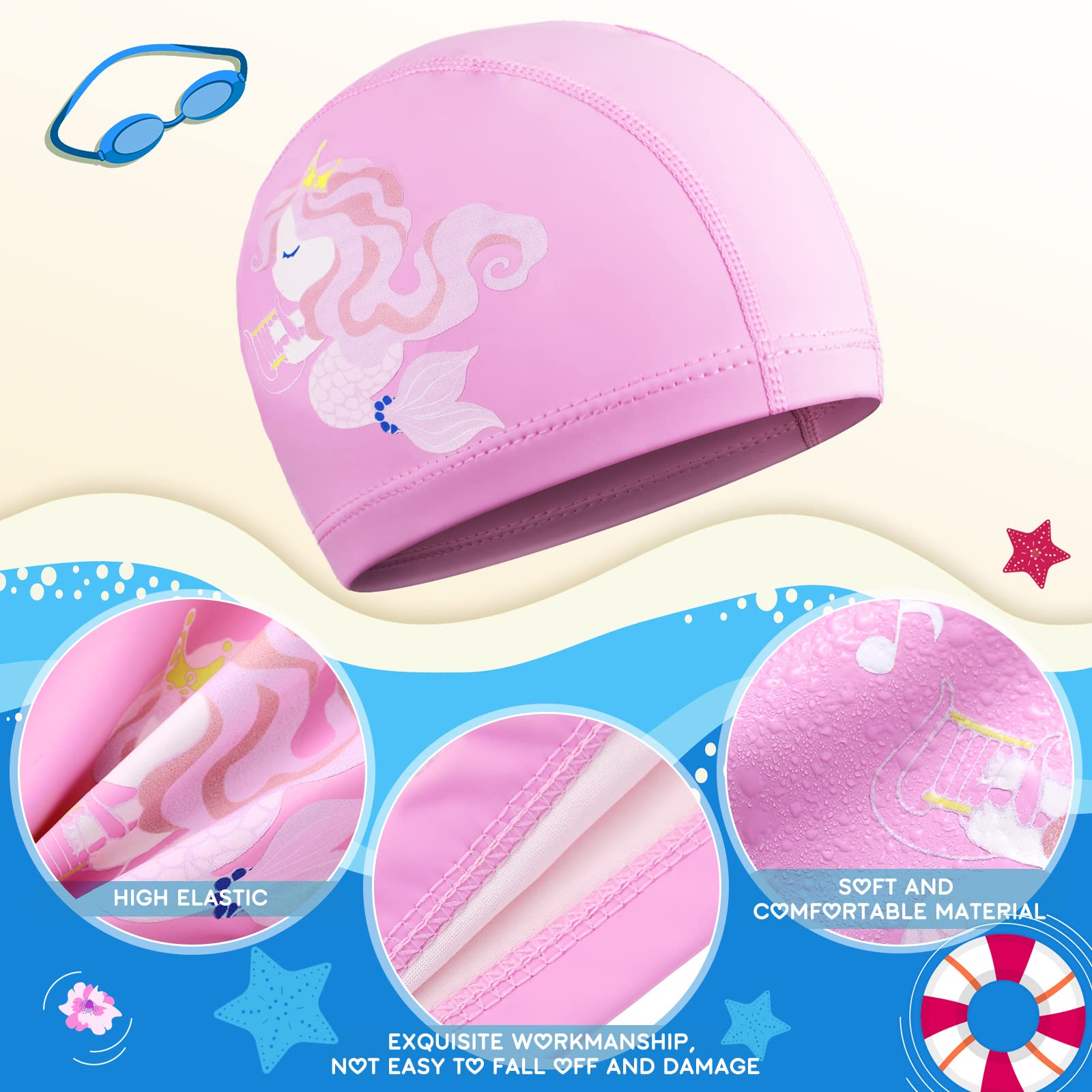 2 Pieces Kids Swimming Caps for Kids, Toddler, Children, Boys and Girls, Kids Waterproof Bathing Swim Cap for Long and Short Hair (Elf, Mermaid) 2