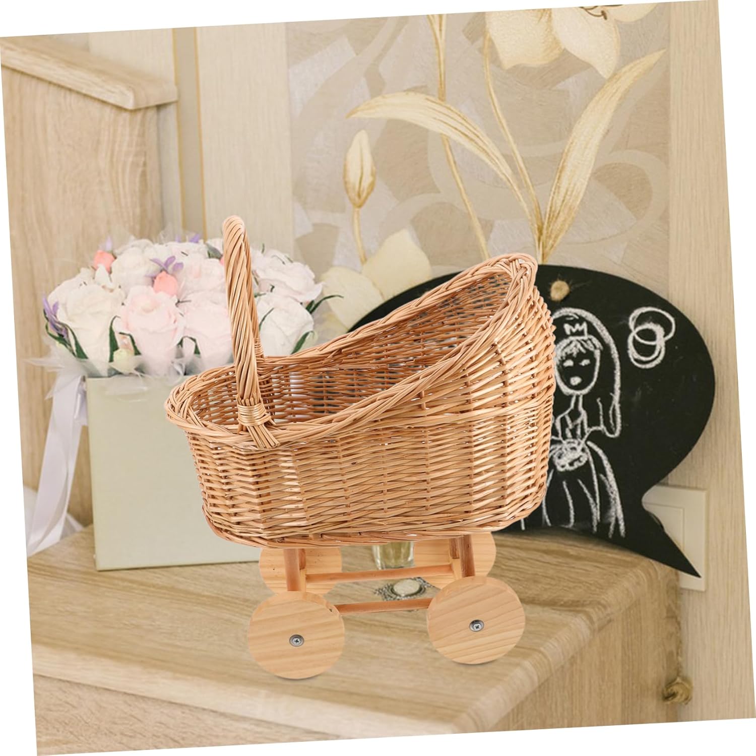 Yardwe Rattan Wedding Stroller for Showers Rustic Party Centerpiece Decorative Basket Lightweight Versatile Light
