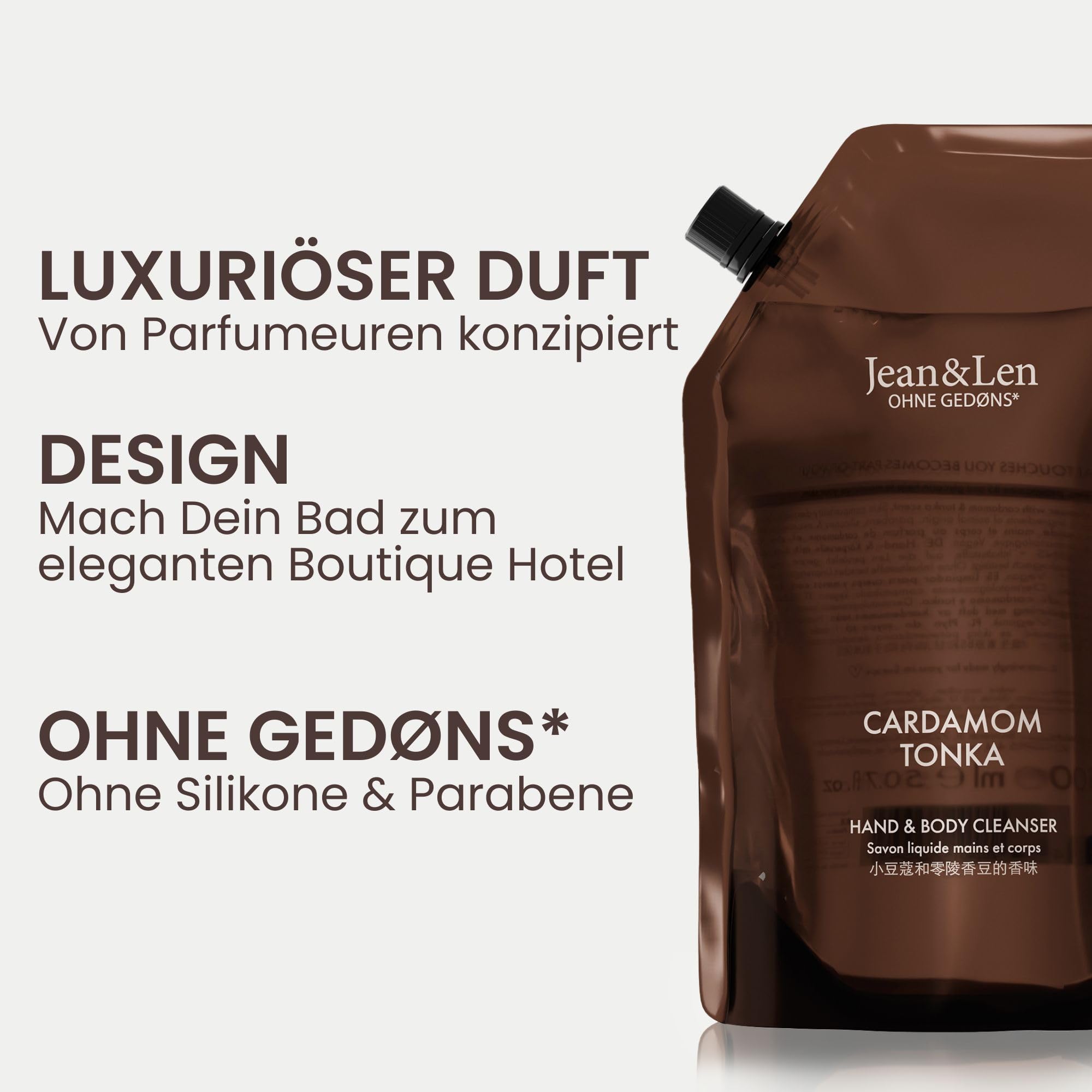Jean & Len Hand & Body Cleanser Cardamom & Tonka im Nachfüllbeutel, für ein duftendes Reinigungserlebnis, exotisch-würziger Duft, Flüssigseife im Nachfüllpack, vegan, 1,5 L