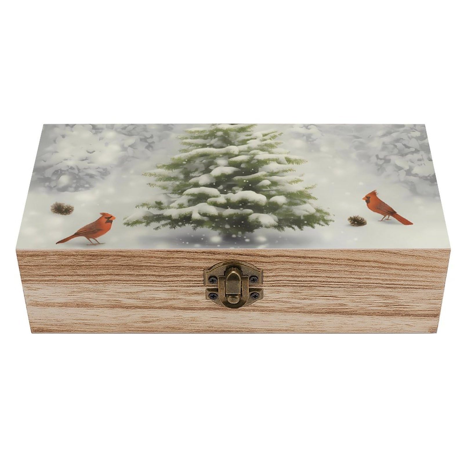 HLBSDM Winter Pine Tree with Cardinal Birds Retro Wooden Storage Box Jewelry Art Gift Boxs Decorative Keepsake Boxes