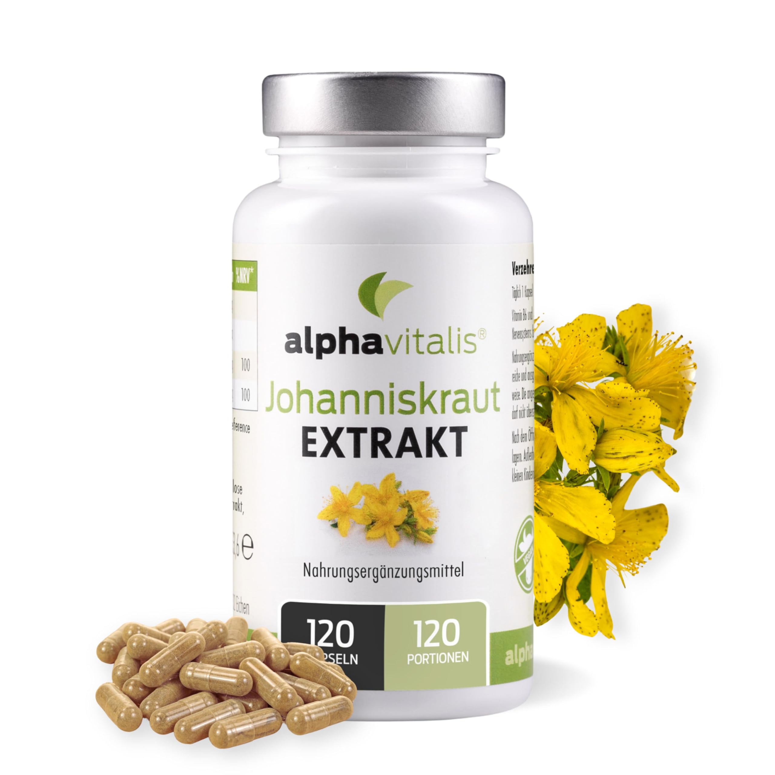 Johanniskraut Kapseln optimal dosiert mit natürlichem Hypericin - 120 Stk. - veganer Extrakt mit Vitamin B6 & B12 - St. John’s Wort Extract aus Hypericum perforatum L.