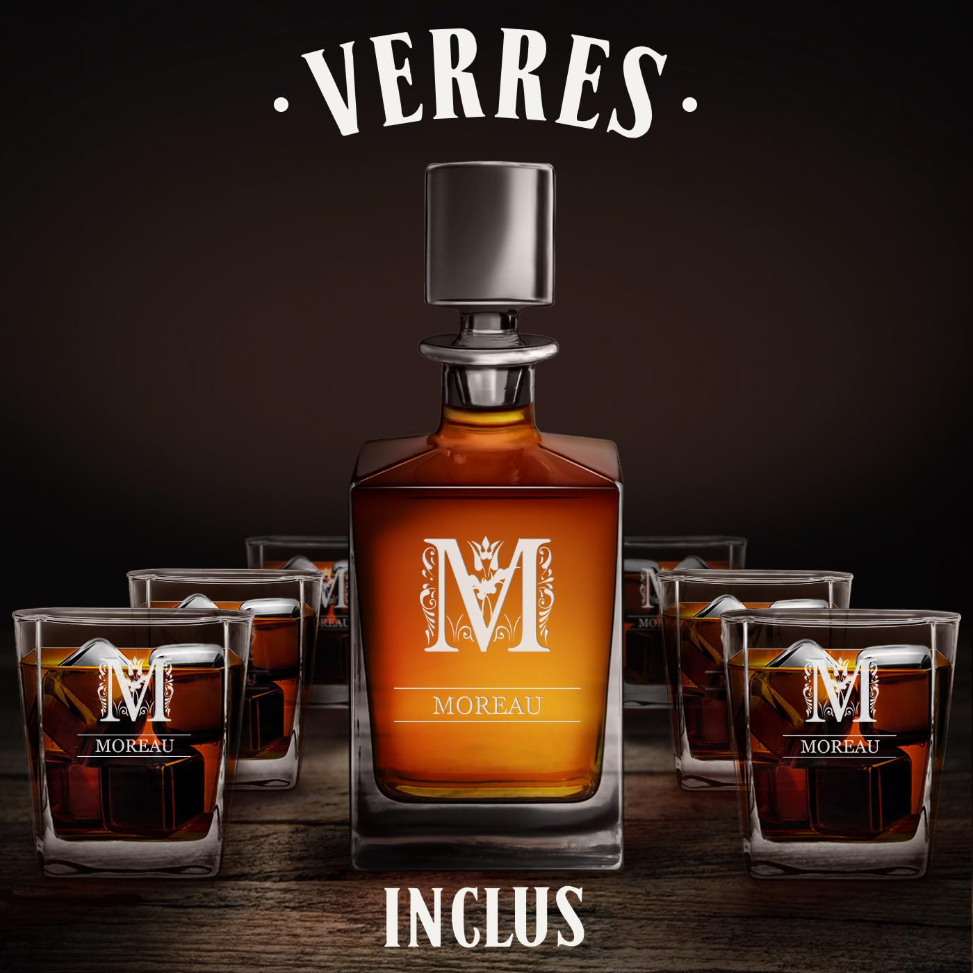 Maverton Ensemble à Whisky personnalisé - 81cl Carafe et 6 Verres avec Gravure pour Hommes - pour dégustation de Rhum Scotch Bourbon - pour Gentlemen - pour Anniversaire - Cadeau Noel - Nom