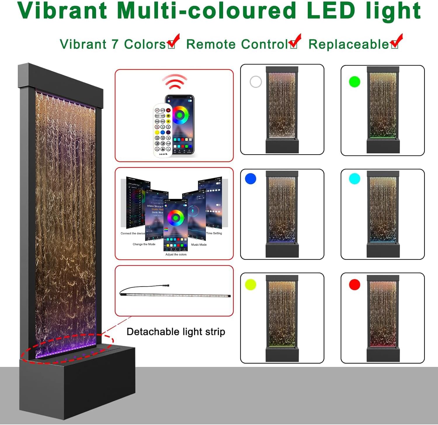 LONGRUN Indoor Water Fountain Mirror Waterfall Fountain with APP Controlled Multicolor LED Light, Floor Standing Fountains Kit, 48" Home Decor Large Freestanding Water Feature Waterfalls - Black Brown