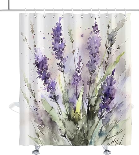 TheBlackSpot Juego de cortinas de ducha con diseño floral de lavanda y acuarela, lila, plantas de campo, cortinas de baño, juegos de decoración de