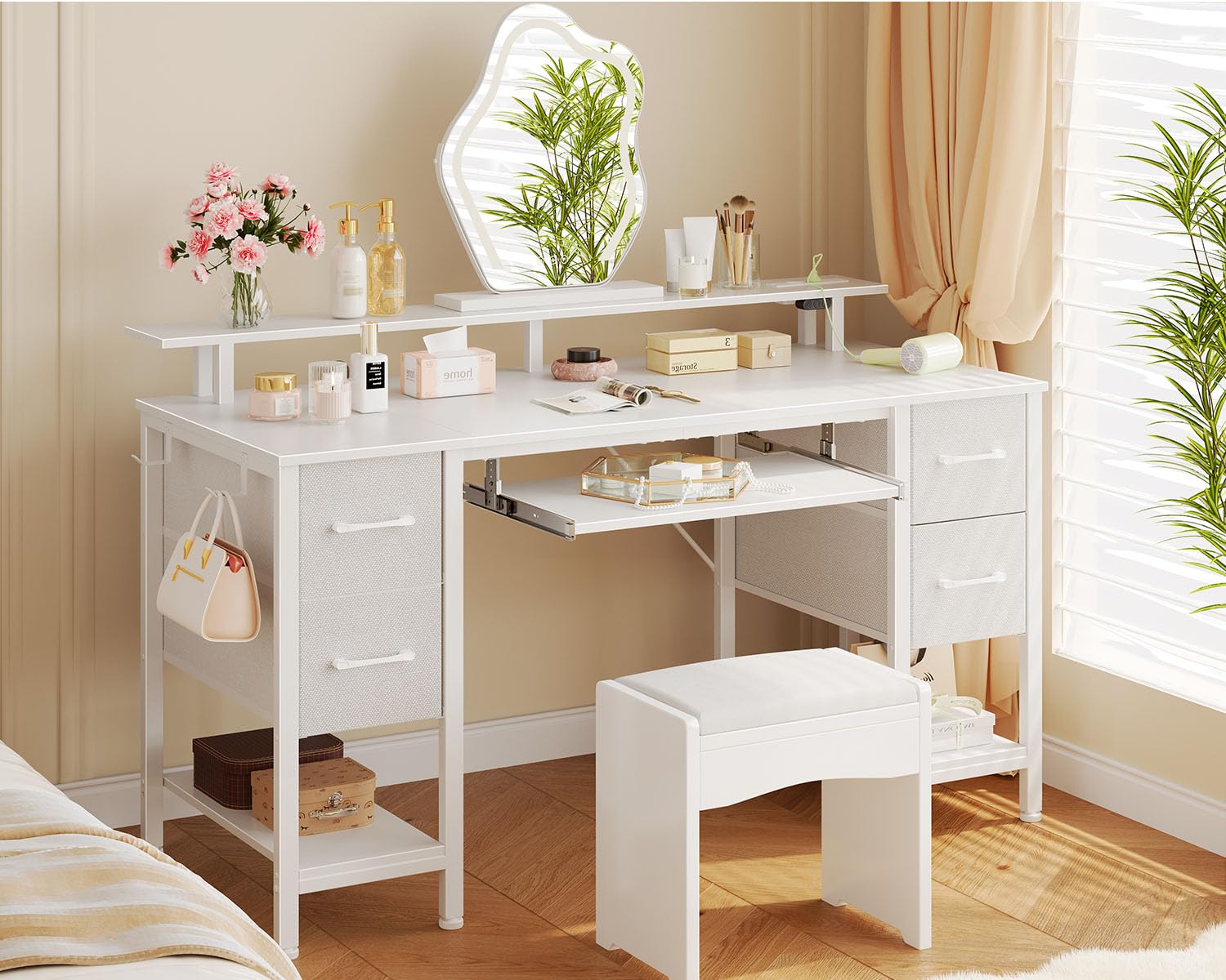 Seventable Bureau Gaming 120 cm avec Intégrée, LED RGB, Bureau avec Rangement et 4 Tiroirs en Tissu, Plateau Clavier Ergonomique et Support Écran, Blanc