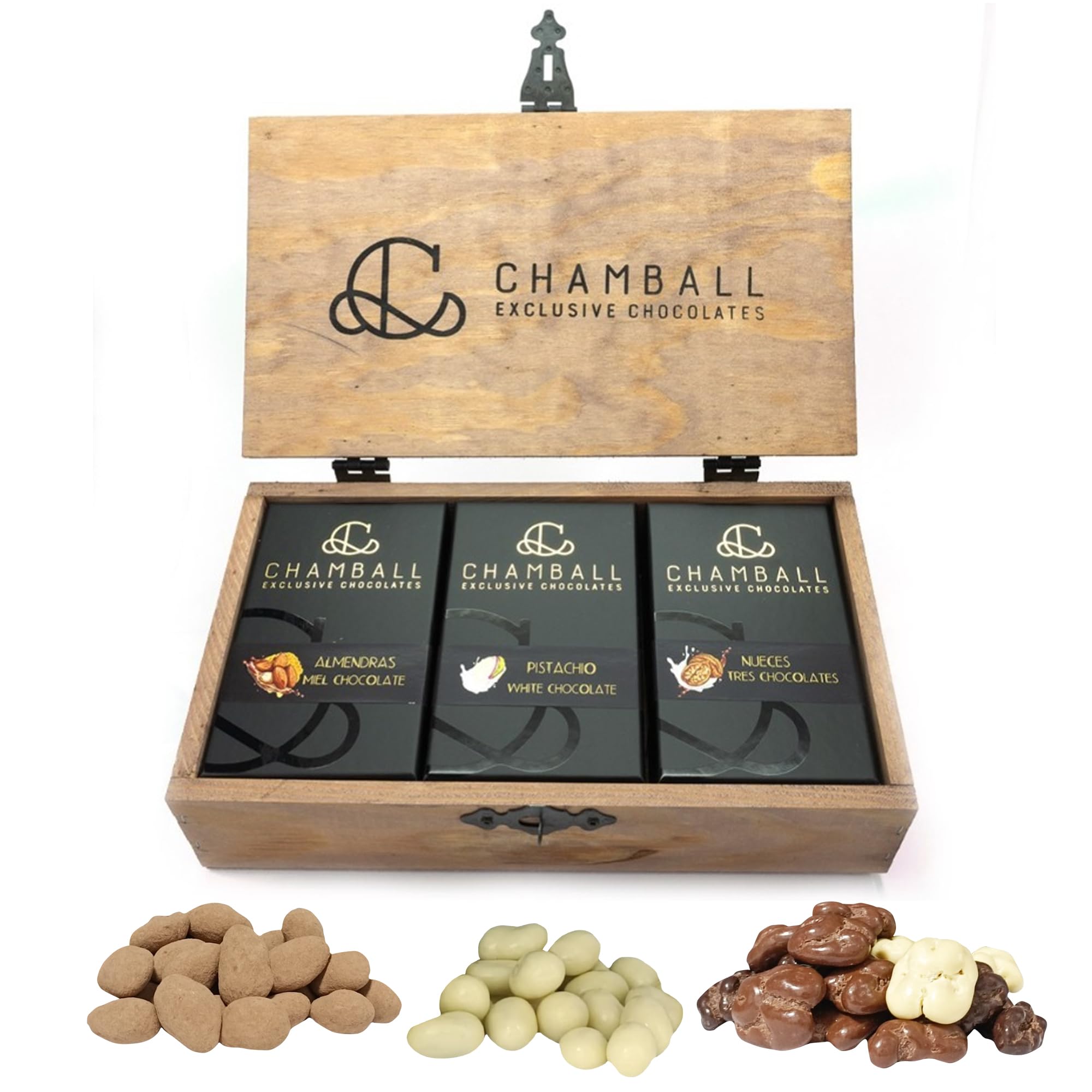 Chocolates Gourmet en Caja de Madera con Almendras, Pistachos y Nueces, Tres Chocolates | Caja Chocolate para Regalar, Chocolate Regalo, perfecto para San Valentín, Cumpleaños y Regalos Originales