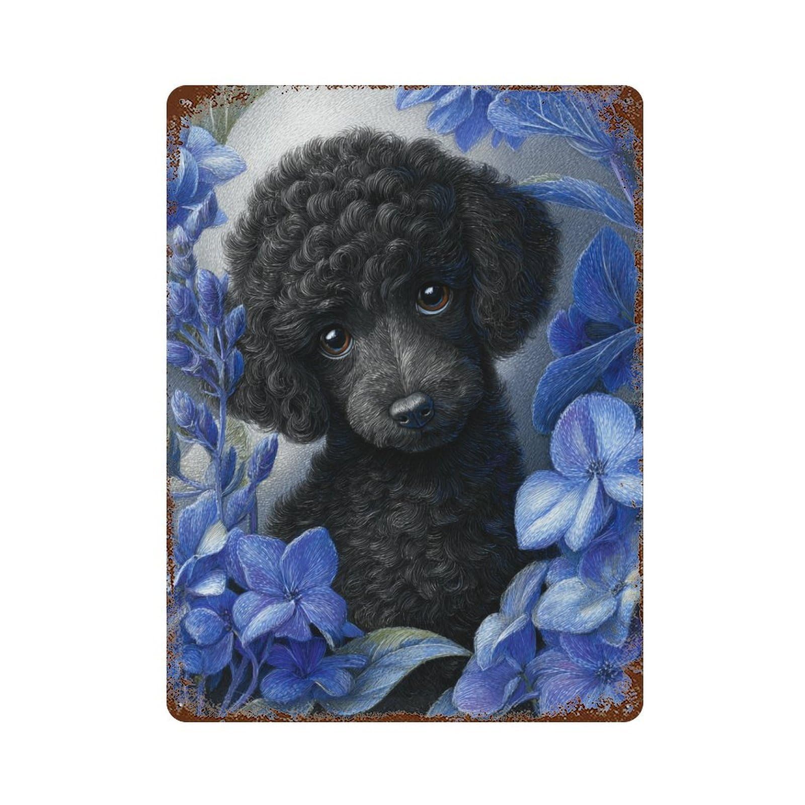 Black Poodle with Blue Flowers Retro Metal Sign 15.7"x11.8", for Pub, Kitchen And Man Cave Decor, Industrial Home Decor