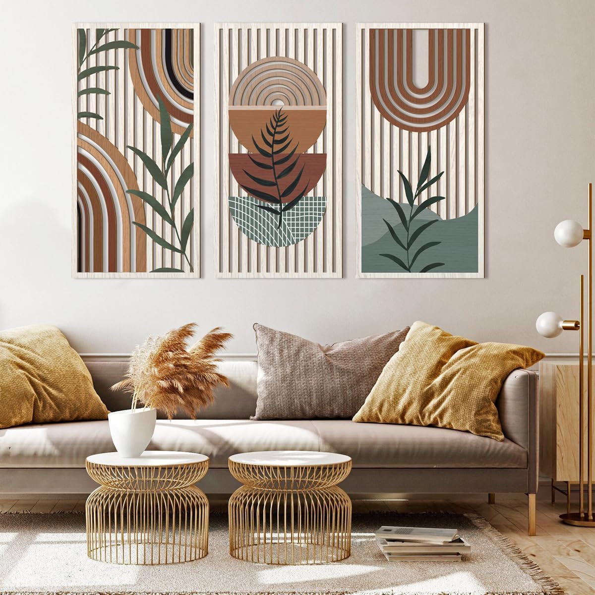 IARTTOP Large Boho Wood Wall Art 16x32 Inch Mid Century Modern Bohemian Wooden Wall Decor Brown Minimalist Geometric Plant Decor for Bedroom Living Room Dining Room Set of 3 image 2