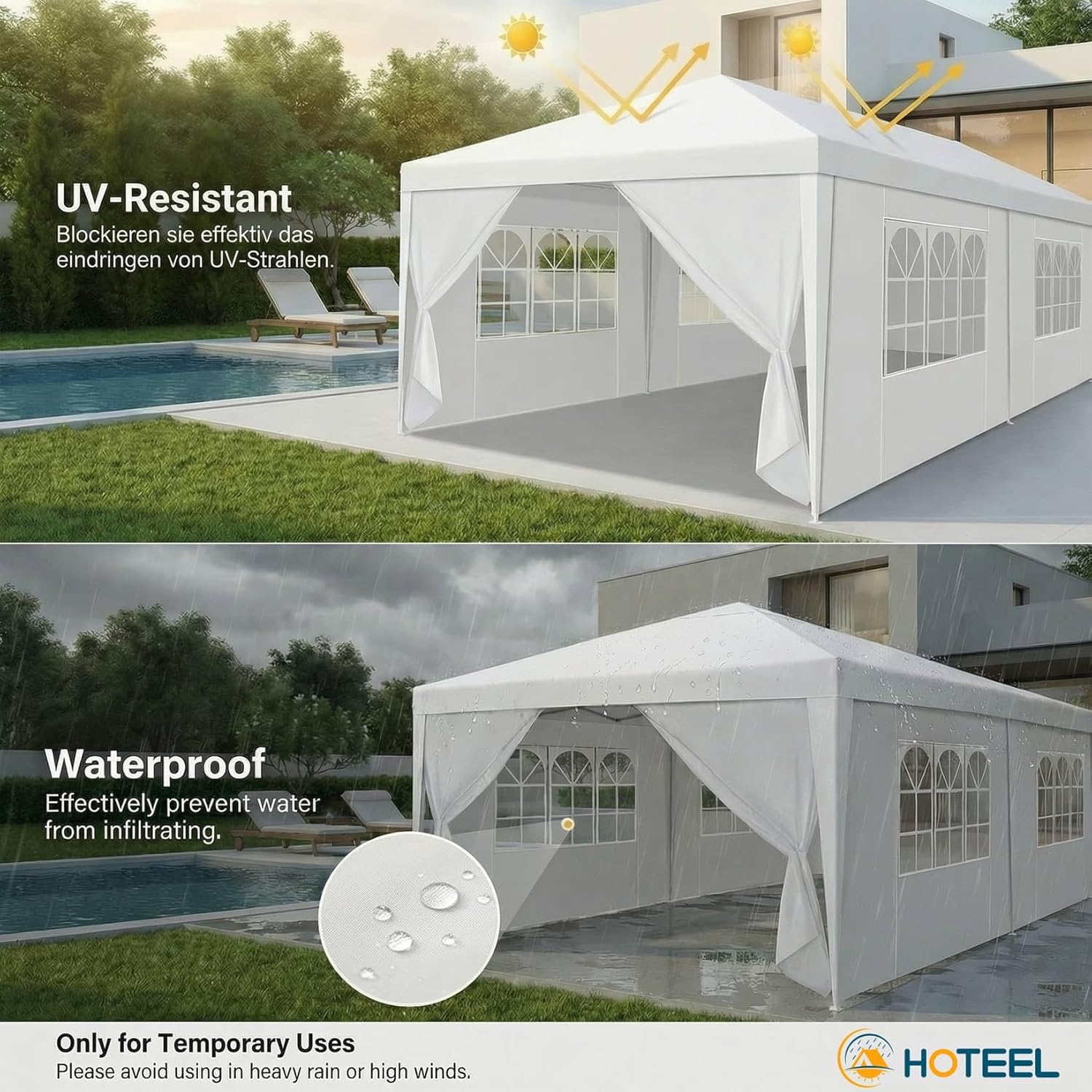 HOTEEL 10x20 Party Tent showcasing UV-resistant and waterproof features