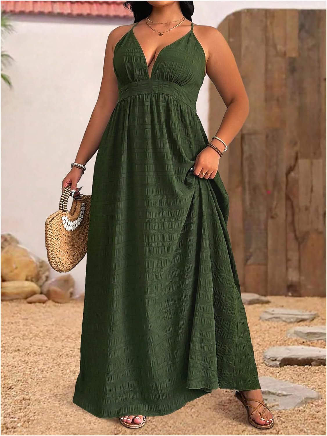 Floerns Women's Plus Size V Neck Maxi Cami Dress Criss Cross Backless Flowy Dresses - Image 4