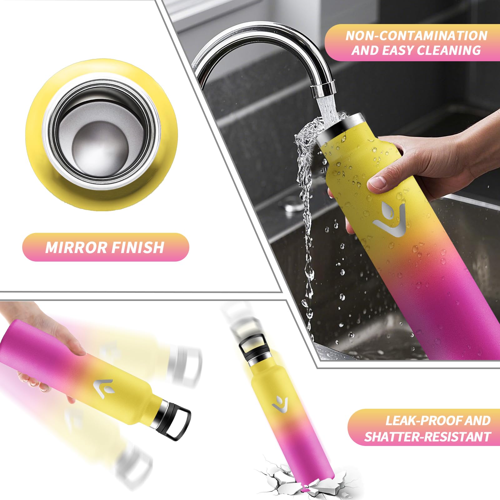 Motswedi Borraccia Termica 1 litro, Doppia Parete, Bottiglia Termica, a Prova di Perdite, Borraccia con Cannuccia, Acciaio Inox, Borracce Termiche, per Palestra, Outdoor, Campeggio, Giallo & Rosa