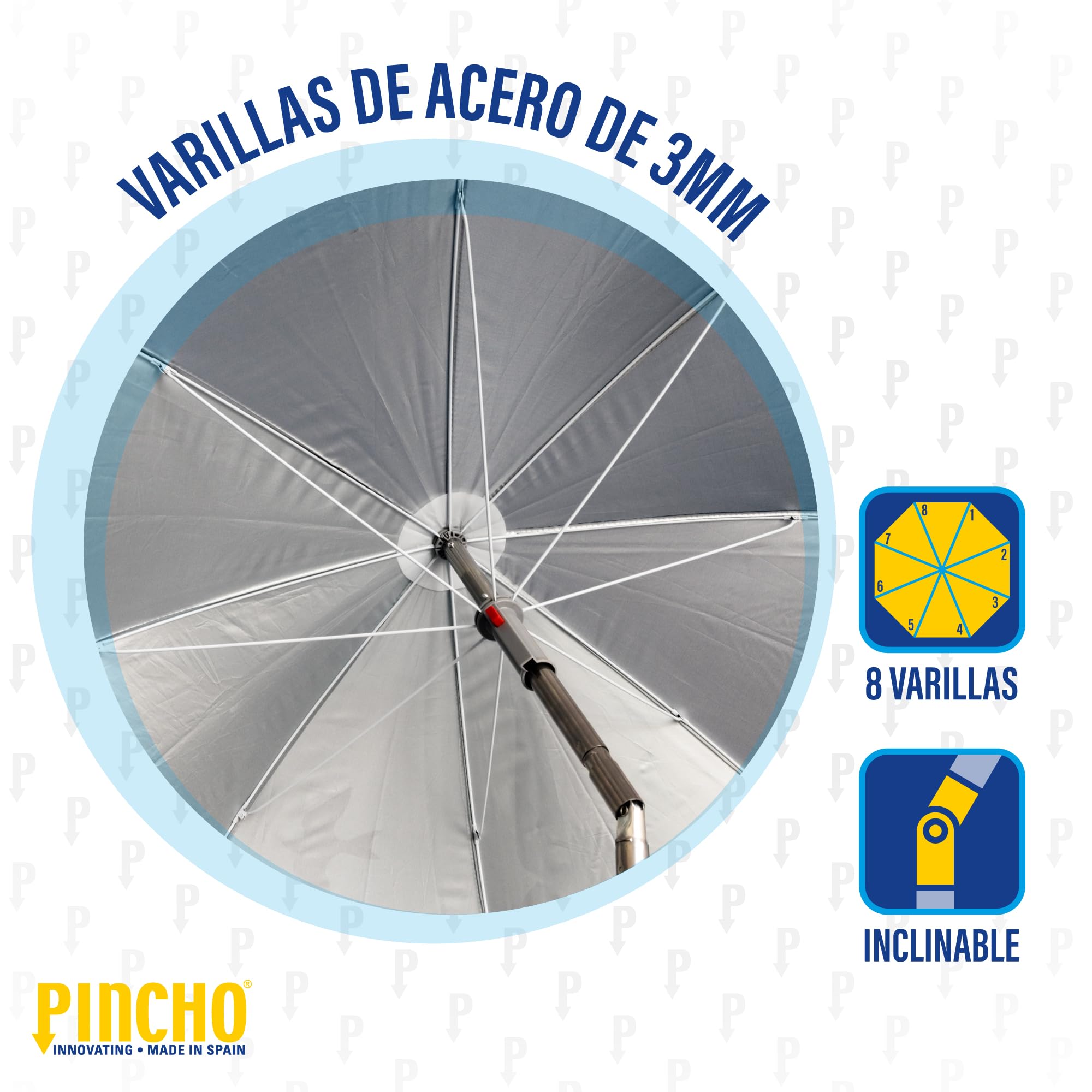 Pincho Ombrellone da spiaggia Ø180 cm Acciaio, tessuto poliestere con protezione UPF 50+, sistema, punta in alluminio e levetta, 8 aste in acciaio da 3 mm, reclinabile
