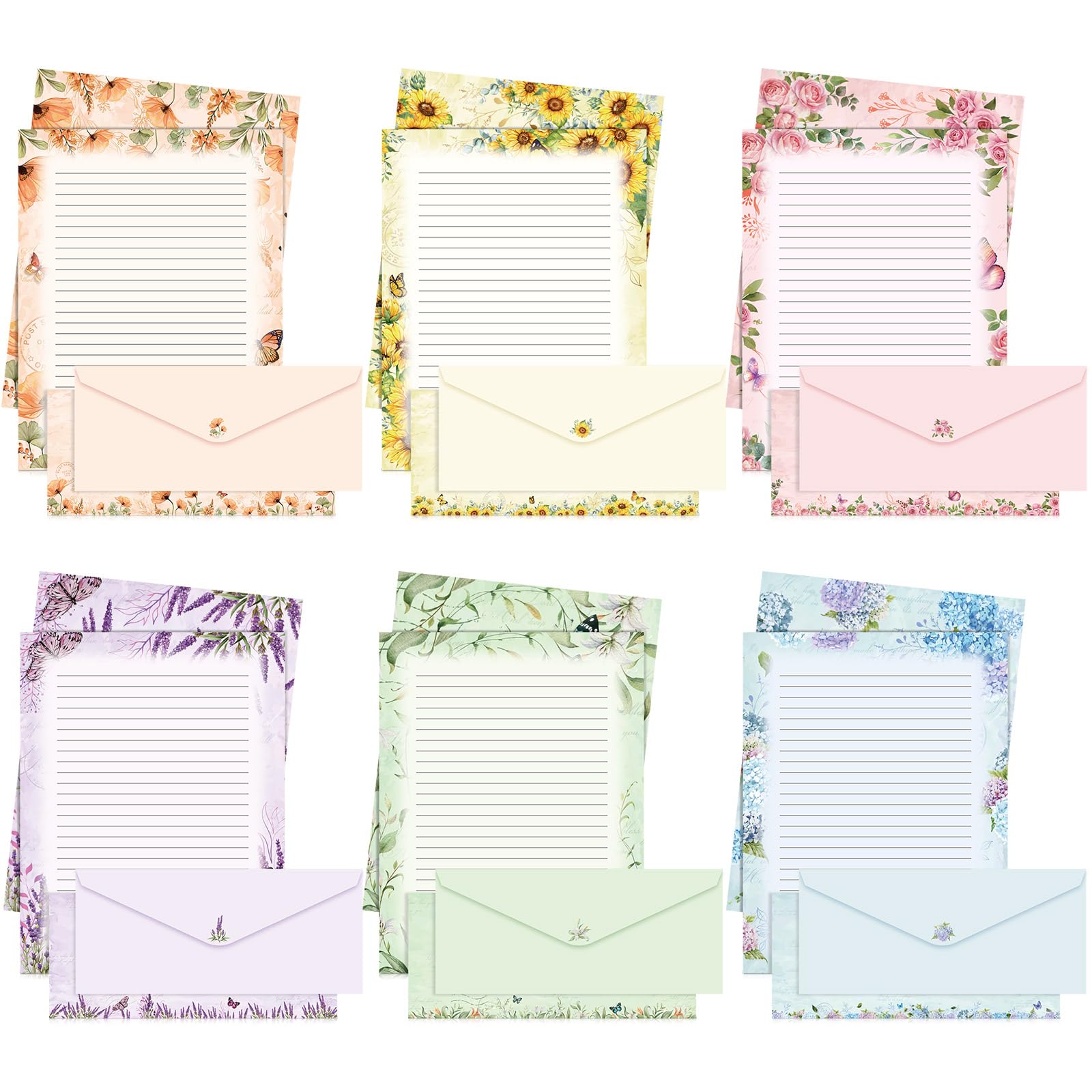 Funrous Juego de 90 piezas de papel estacionario y sobres, 60 hojas de papel de carta floral y 30 sobres, hoja de escritura rayada de 8.5 x 11 pulgadas para primavera, boda, vacaciones, fiestas