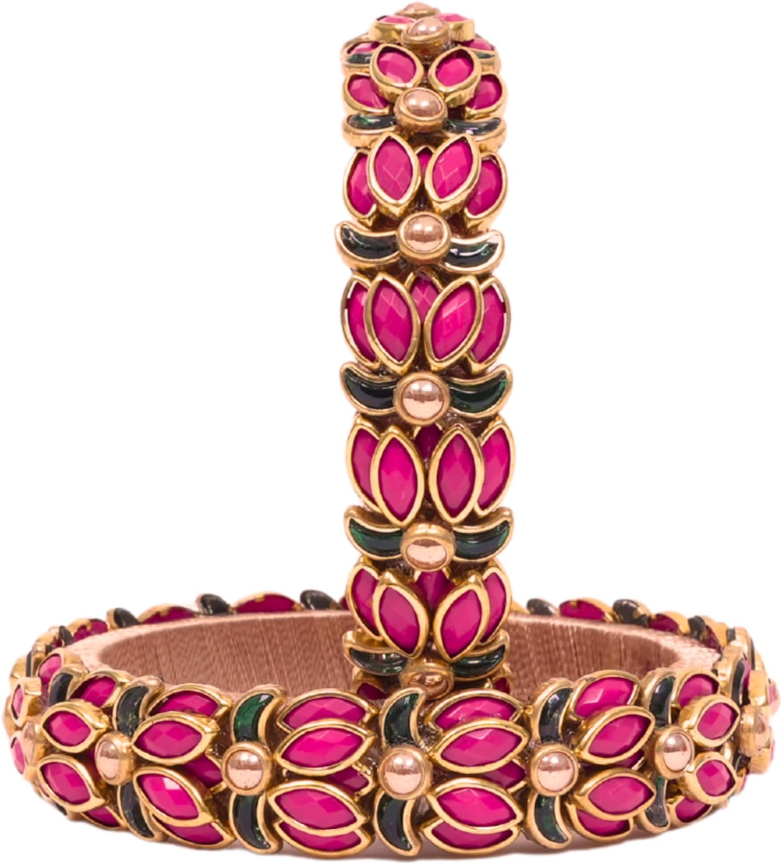 Clips and Threads Pink Lotus Design Silk Thread Bangles for Women | Kundan Stone Handcrafted Chudiyan | Designer Ethnic Fashion Jewelry | Traditional Style Bangles | 2 Pcs