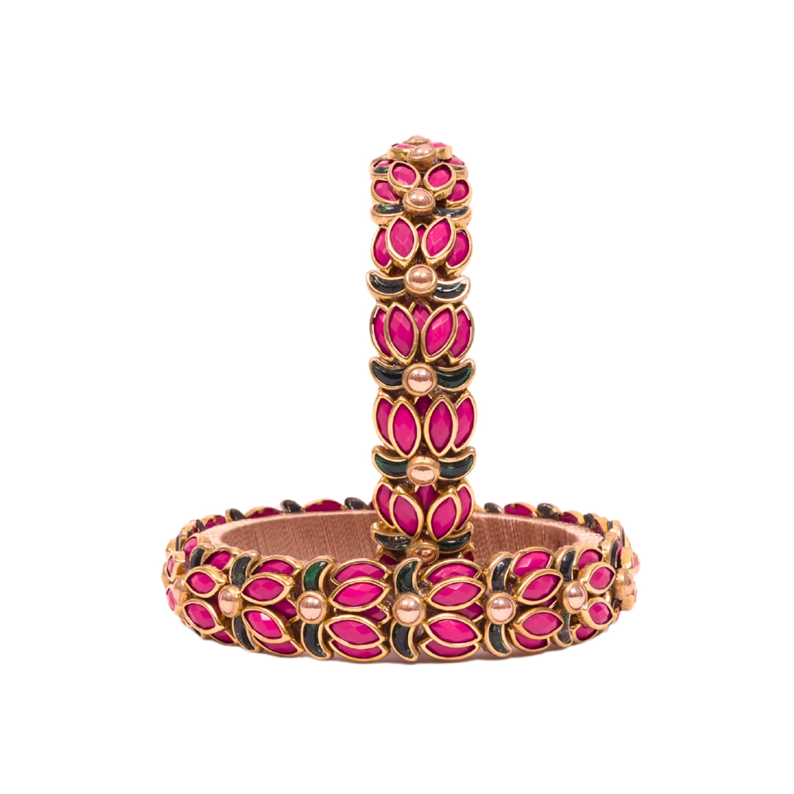 Clips and Threads Pink Lotus Design Silk Thread Bangles for Women | Kundan Stone Handcrafted Chudiyan | Designer Ethnic Fashion Jewelry | Traditional Style Bangles | 2 Pcs