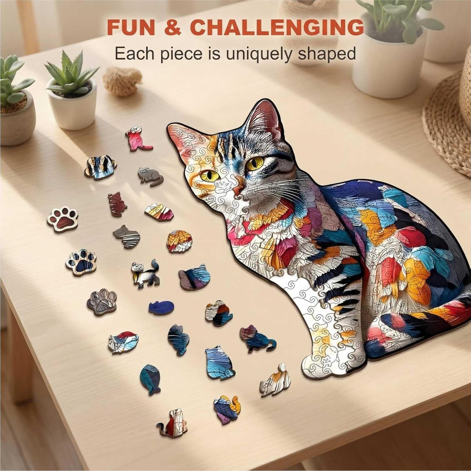 Colorful Cat Wooden Puzzles for Adults, Medium Difficulty Irregular Cat-Shape Jigsaw Puzzles, Stress Relief, Creative Gifts for Family and Friends (L 10.3 * 7.7 inch)