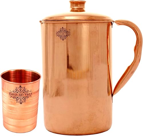 Indian Art Villa Jarra de cobre puro hecha a mano de 40 onzas con 1 taza de vidrio de cobre de 10 onzas