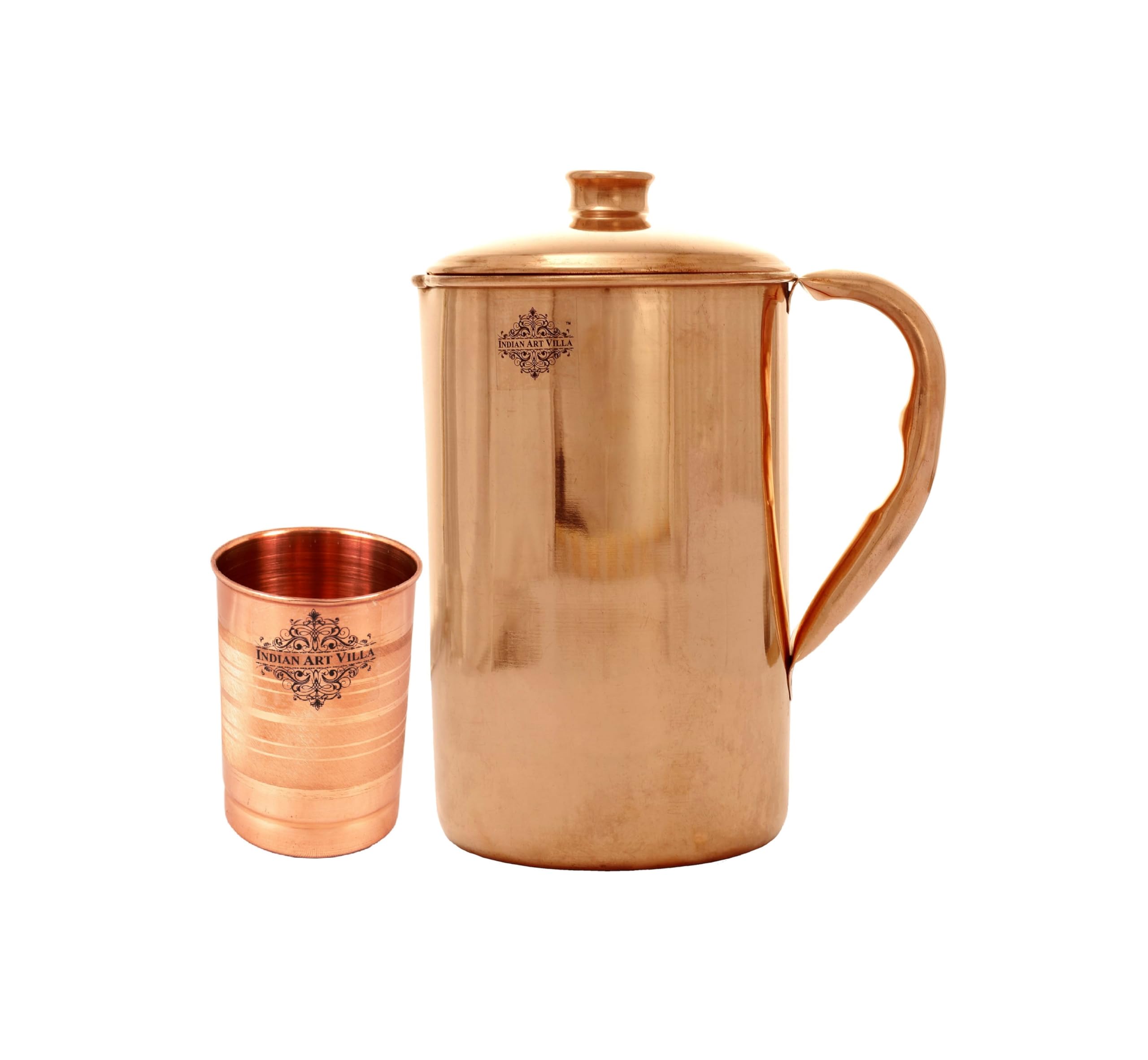 Indian Art Villa Handmade Pure Copper Pitcher Jug 40 OZ with 1 Copper Glass Cup 10 OZ