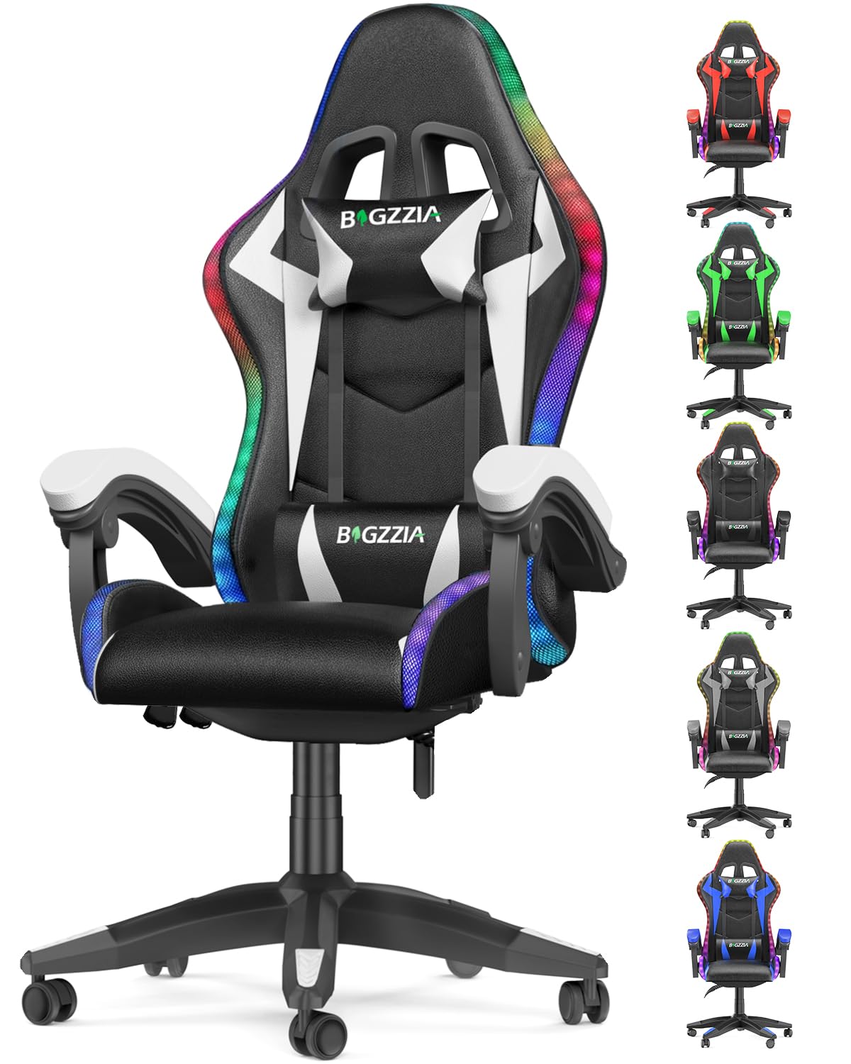 bigzzia Silla Gaming con Luces LED,Silla Ergonómica Gaming,Altura Regulable Silla con Apoyo Lumbar y Reposacabezas, Respaldo Inclinable hasta 155° (Utilización RGB, Blanco)