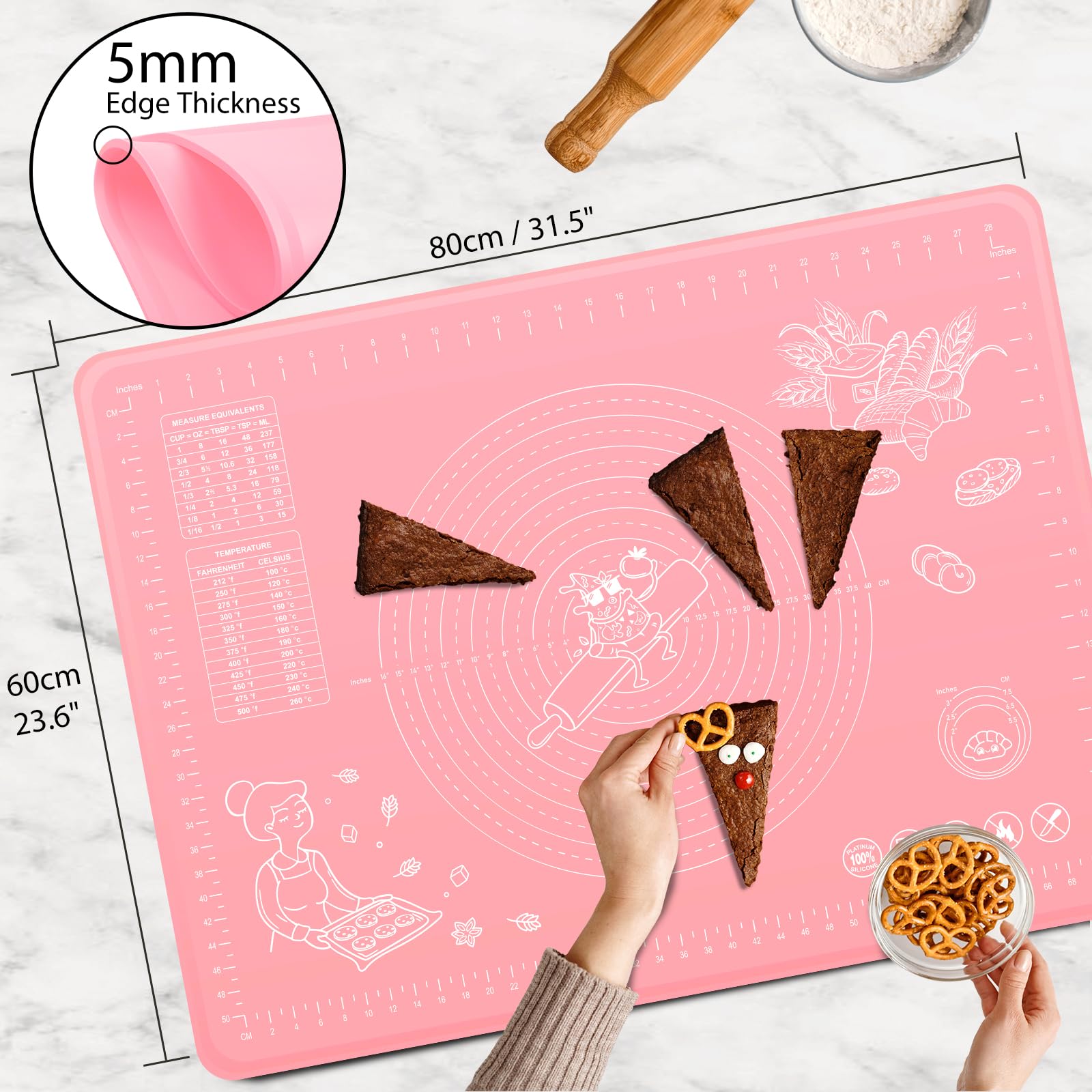 Tapis De Pâtisserie En Silicone 80x60 Cm – Anti-Adhésif, Épais 2 Mm, Avec Mesures Et Bords Relevés