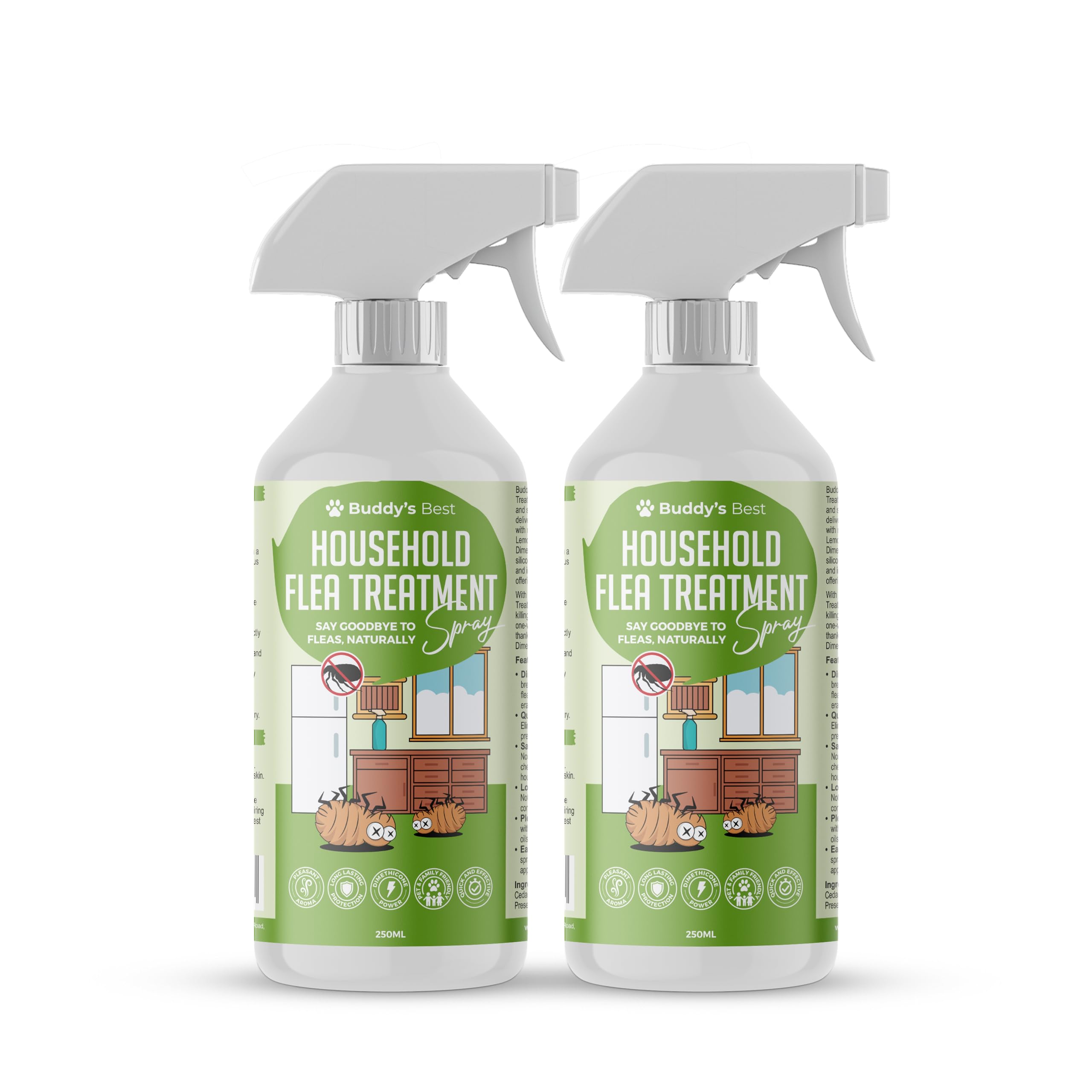 Buddy's Best Twin Pack Household Flea Spray | 250ml | Pet-Friendly & Home Use | With Dimethicone & Natural Oils