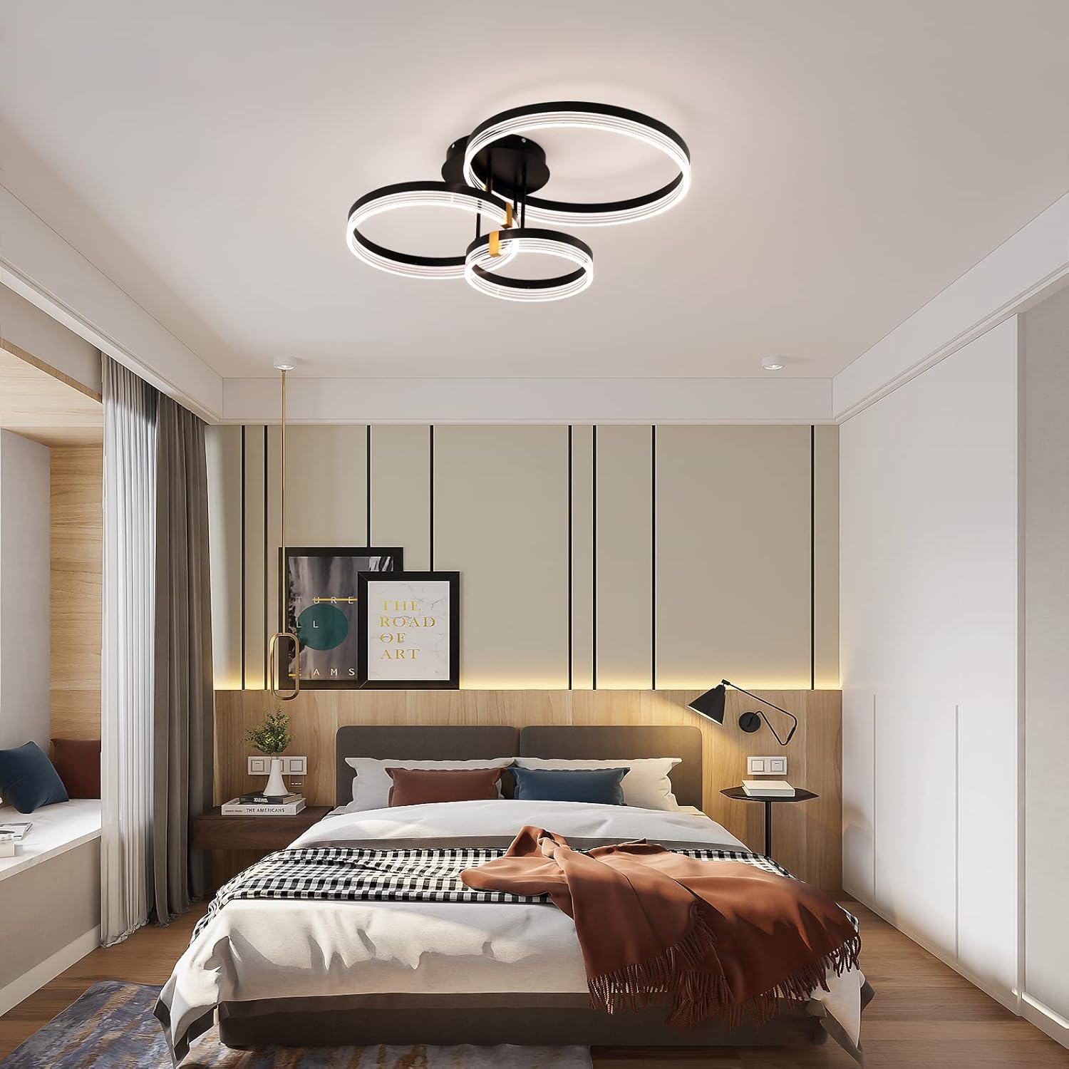 Becailyer Modern Ceiling Light Fixture, 3 Rings LED Black Close to Ceiling Light Fixtures, 56W Dimmable Acrylic Ceiling Lamp Chandelier Lighting for Living Room Bedroom Dining Room Kitchen Foyer