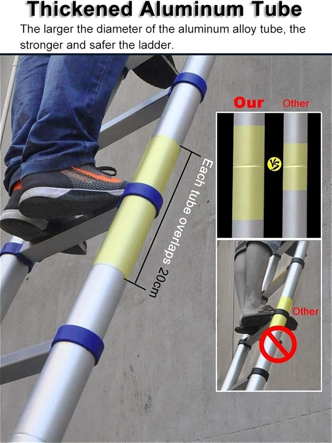 Industrial Aluminum Extension Ladder 8.5ft/ 12.5ft/ 16.5ft/ 20ft/ 23ft/ 26ft Tall, Extendable Telescopic Ladders for Home Attic & Outdoor Work, 330LB Capacity
