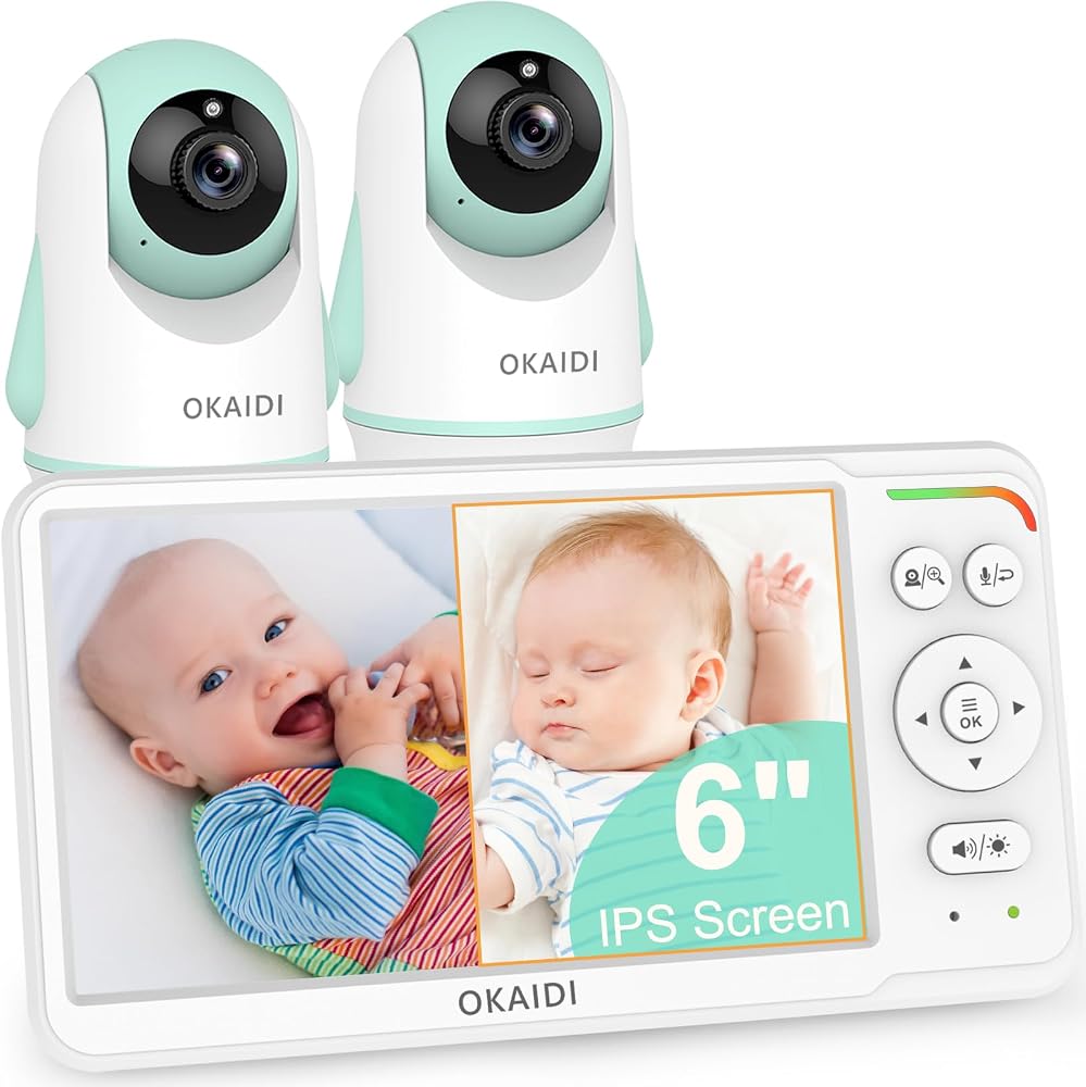 OKAIDI 6" Screen Baby Monitor with 2 Cameras, Pan-Tilt-Zoom Camera No WiFi | 1000ft Range Baby Monitor with Camera and Audio, 30H Battery,Night Vision,2-Way Talk,Temperature,8 Lullabies,150 Languages