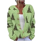 Christmas Sweaters for Women Ugly Funny Xmas Tree Print Button Up Cardigans Fall Winter Vintage Knitted Outerwear Coat