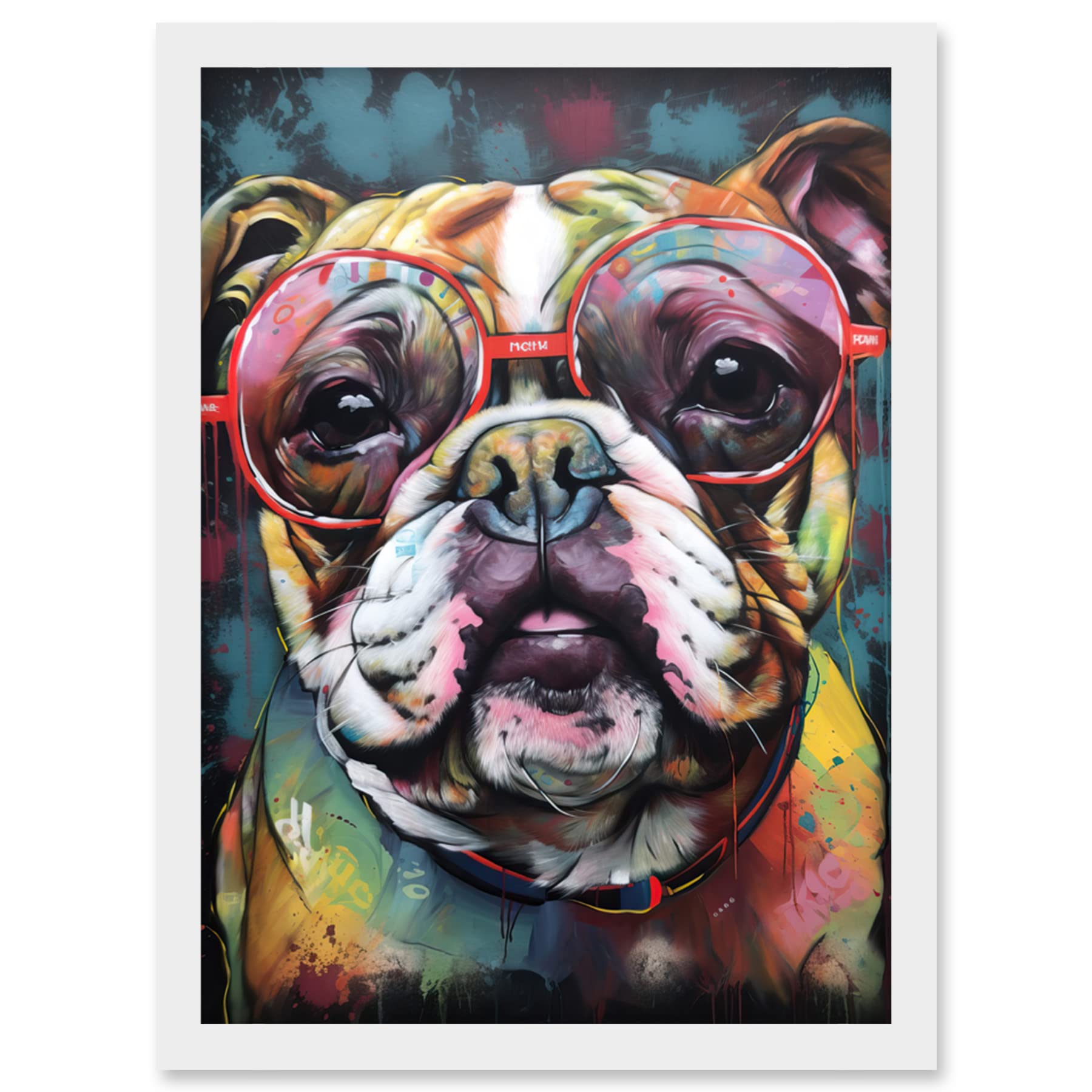 Artery8 English Bulldog Wearing Sunglasses Modern Detailed Artwork Framed Wall Art Print A4