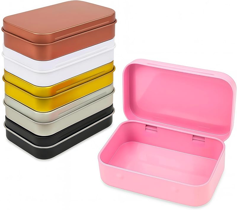 6 Pack Rectangular Metal Hinged Tin Boxes, 3.7 x 2.4 x 0.9 in Colorful,Small Metal Storage Containers in Mixed Colors for DIY Organization and Small Parts Storage