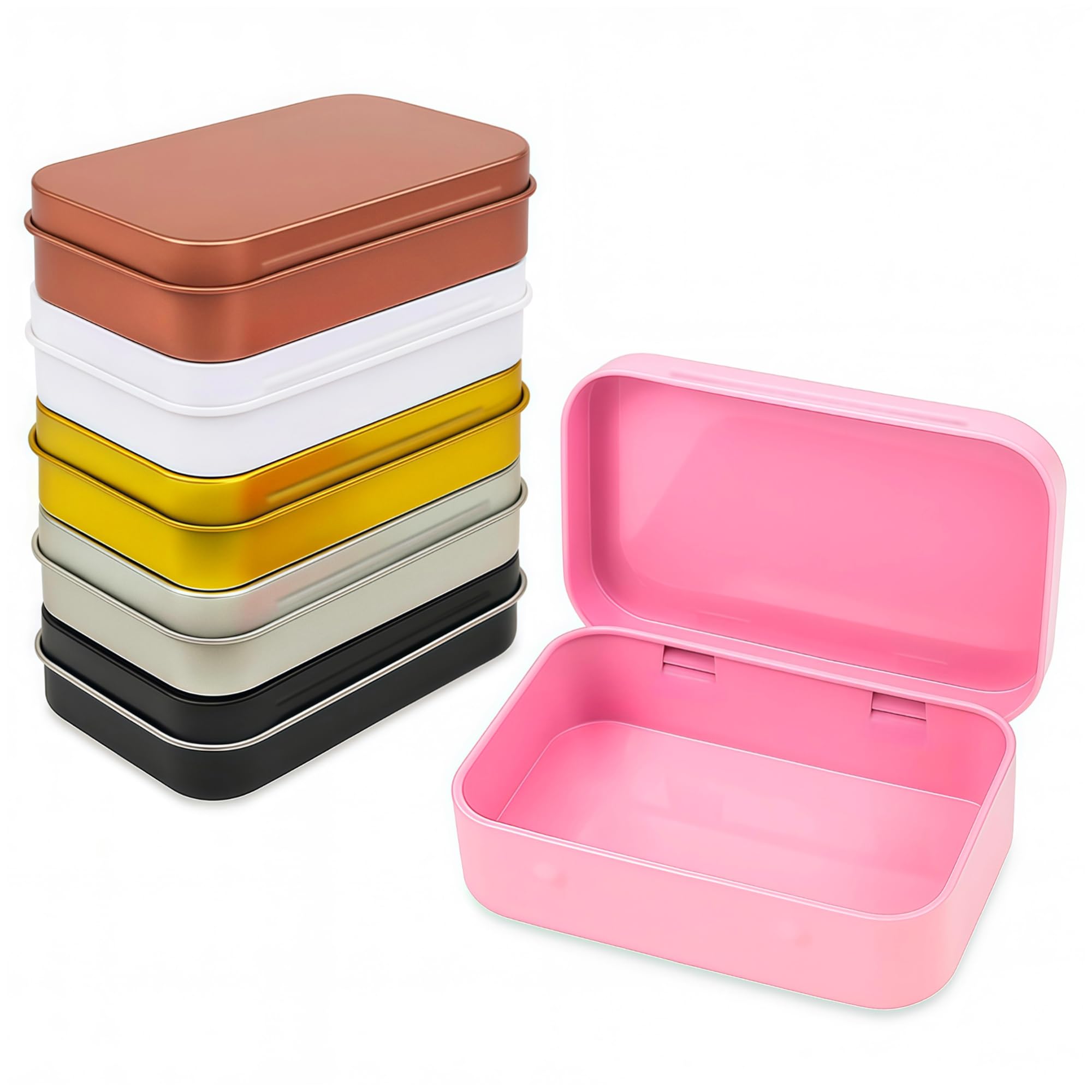 LJY 6 Pack Multicolour Rectangular Metal Tin Box with Hinged Lid 9.5 x 6 x 2.2 cm – Empty Small Storage Tins for DIY Labelling, Survival Kits, Soap and Hardware Organiser — image 1